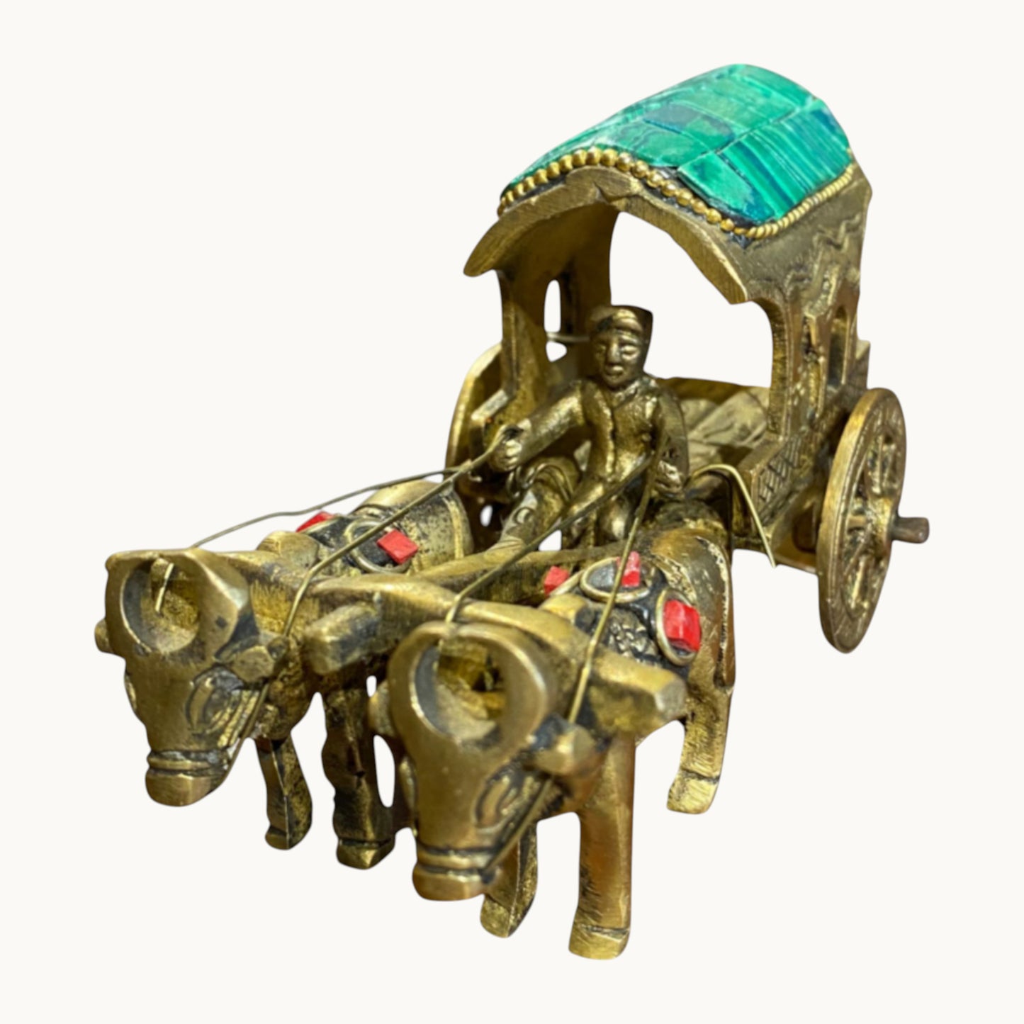 Handcrafted Pure Brass Bullock Cart Figurine With Green Stone Work – Traditional Indian Decorative Showpiece | Thar Arts & Furniture