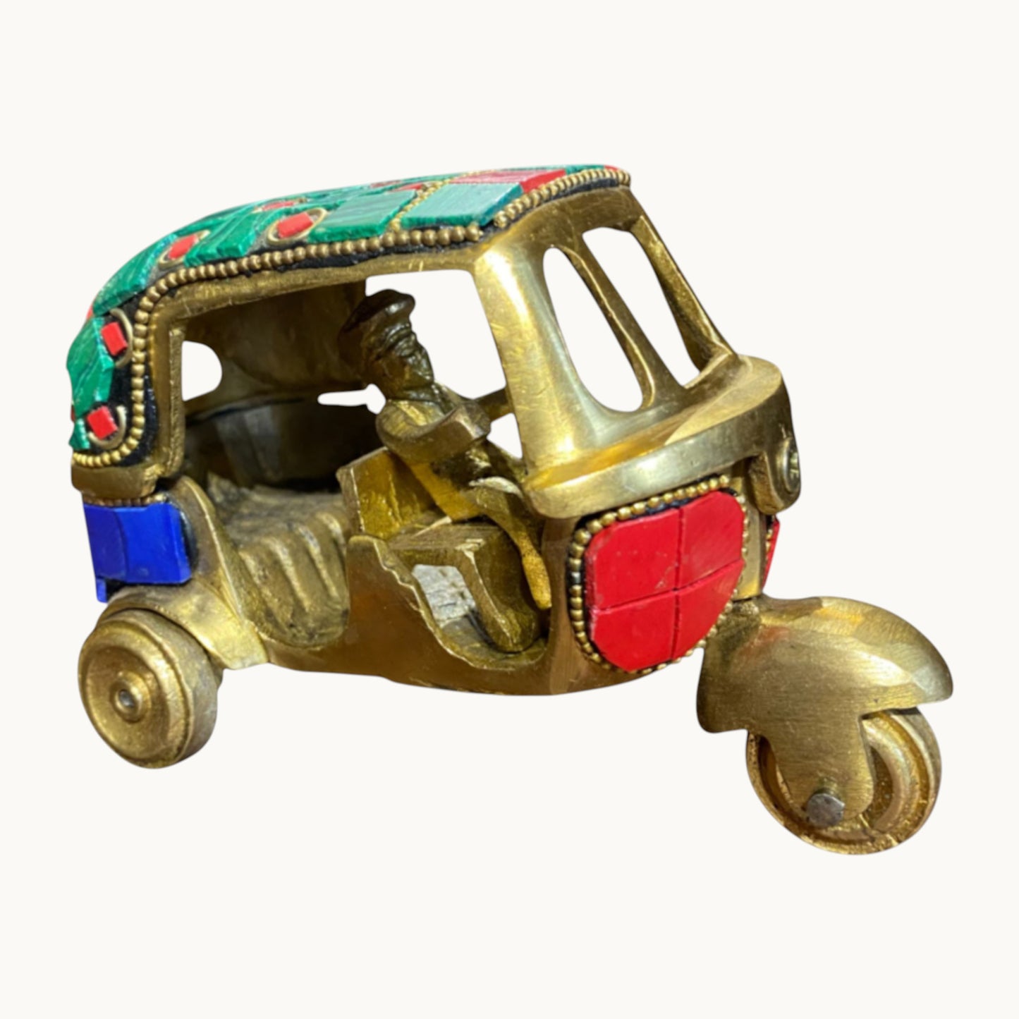 Handcrafted Pure Brass Auto Rickshaw Figurine With Stone Work – Traditional Indian Decor | Thar Arts & Furniture