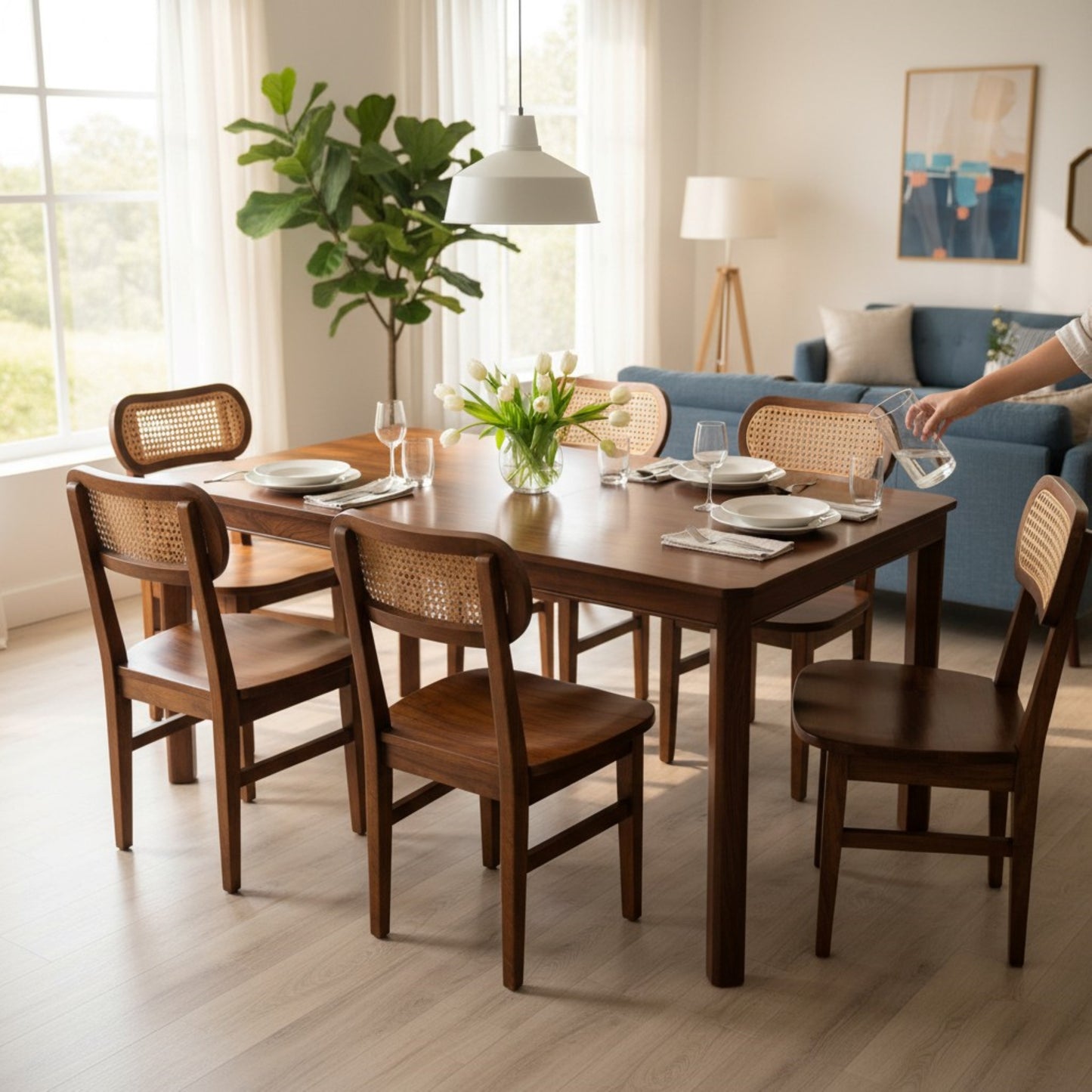 Mid-Century Solid Wood Dining Table Set – 6 Seater with Cane Back Chairs | Thar Arts & Furniture