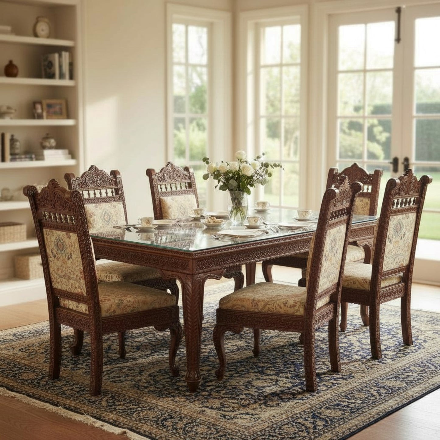 Heritage Hand-Carved Solid Wood Dining Set – Glass Top | Premium Fabric Seating – 6 Seater