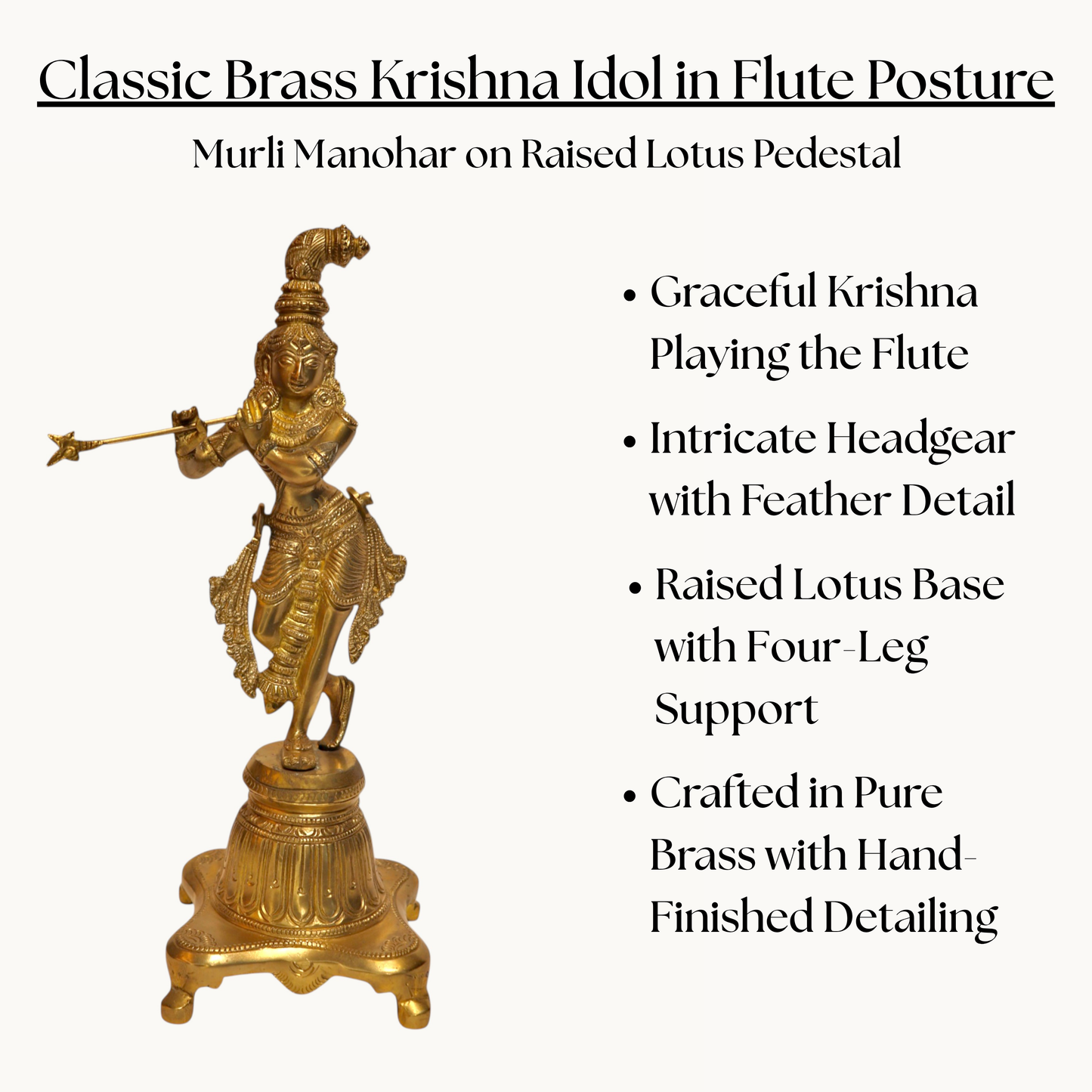 Thar Arts And Furniture - Brass Krishna with Flute |Lord Krishna Statue |Krishan Figurine | Brass Standing Krishna Statue |Brass Gift Item | Standing Krishna |Brass Pooja Idols
