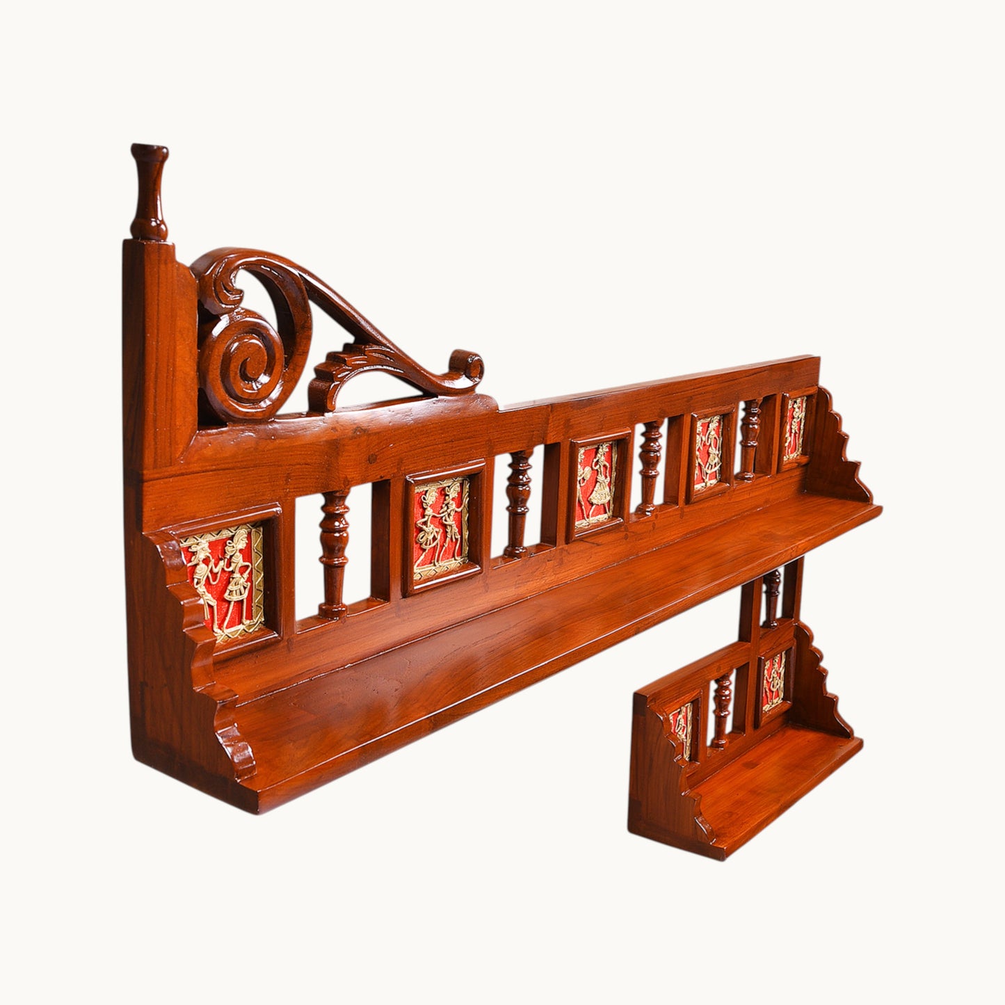 Thar Arts And Furniture - Teak wood Wall Shelf with Dhokra and Warli art