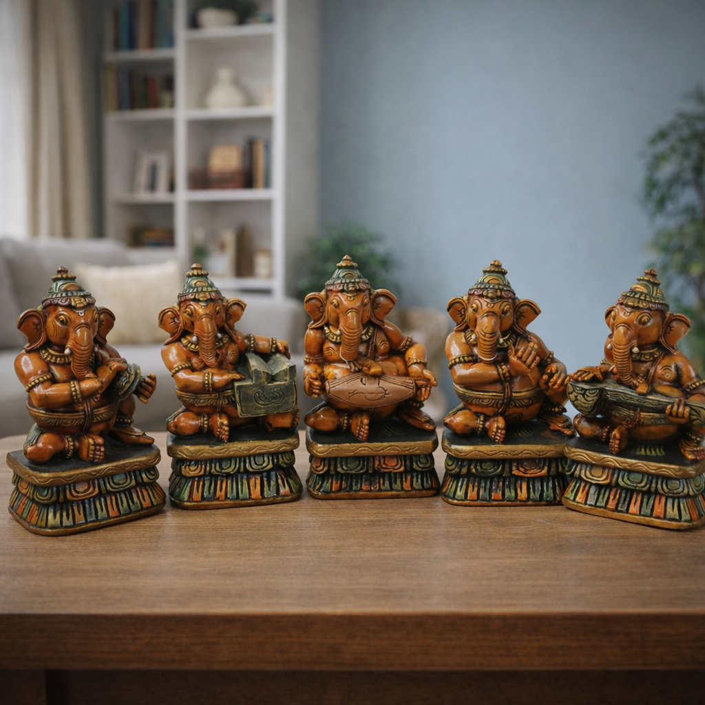Wooden Musical Ganesha Set of 5 – Hand-Painted Decorative Idol Collection