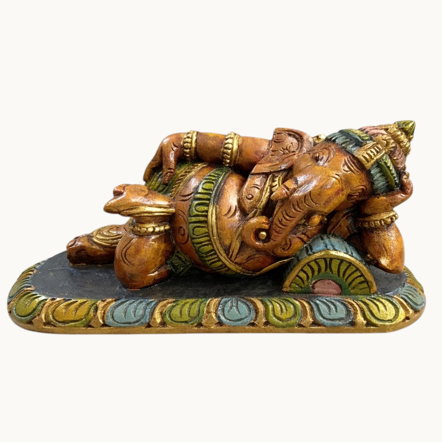 Wooden Carved Reclining Ganesha Pair – Hand-Painted Decorative Idol Set