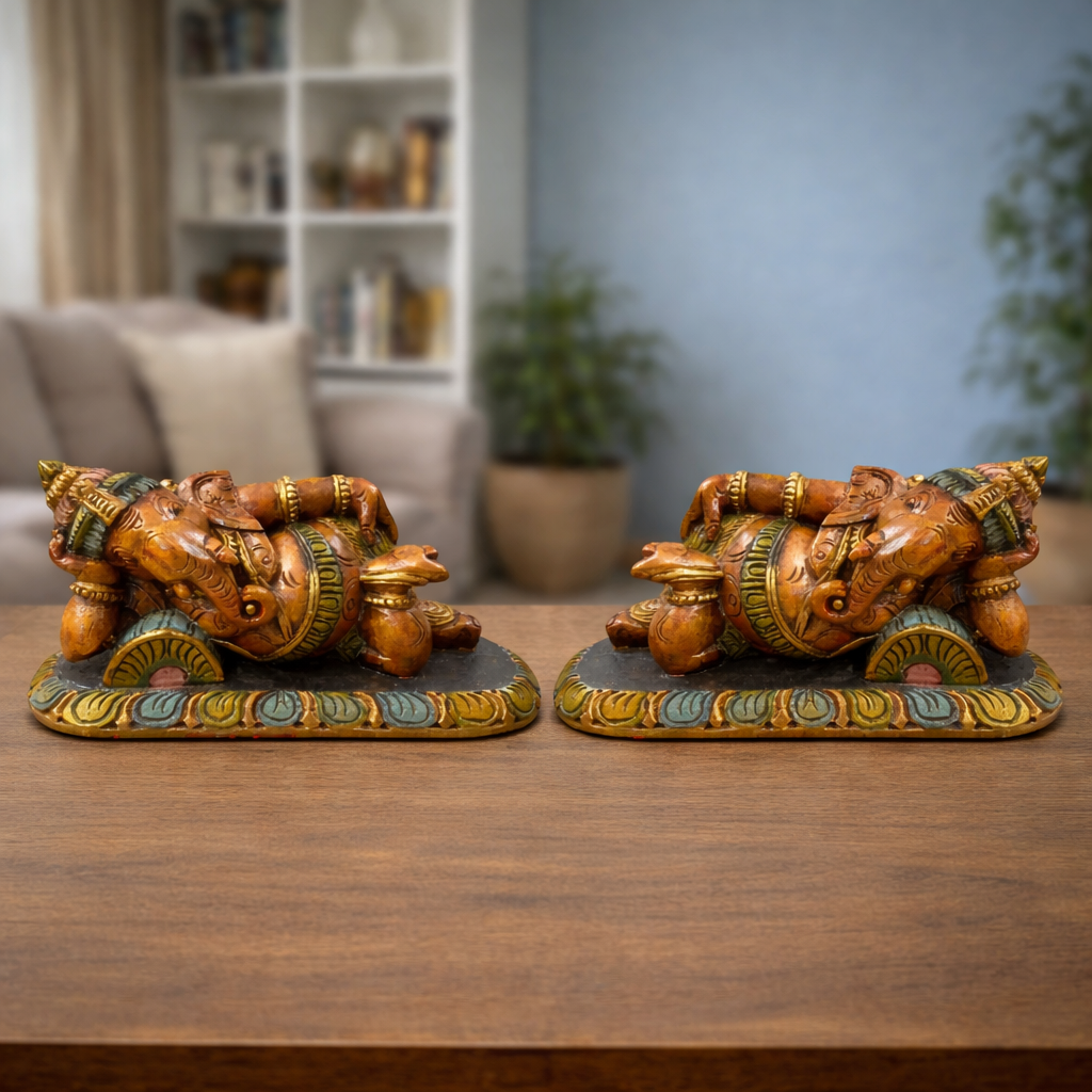 Wooden Carved Reclining Ganesha Pair – Hand-Painted Decorative Idol Set