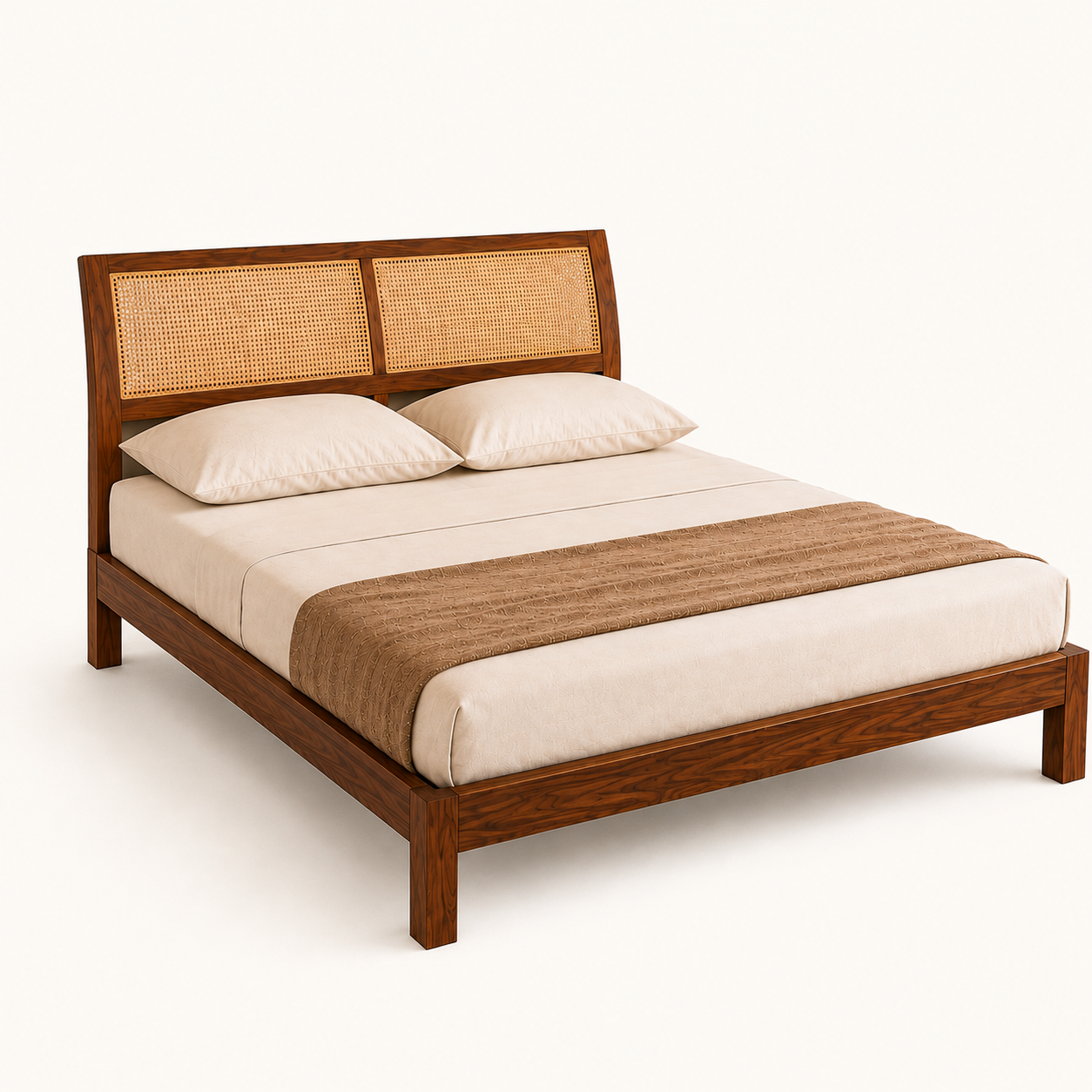 Solid Sheesham Wood Bed with Cane Headboard – Contemporary Design