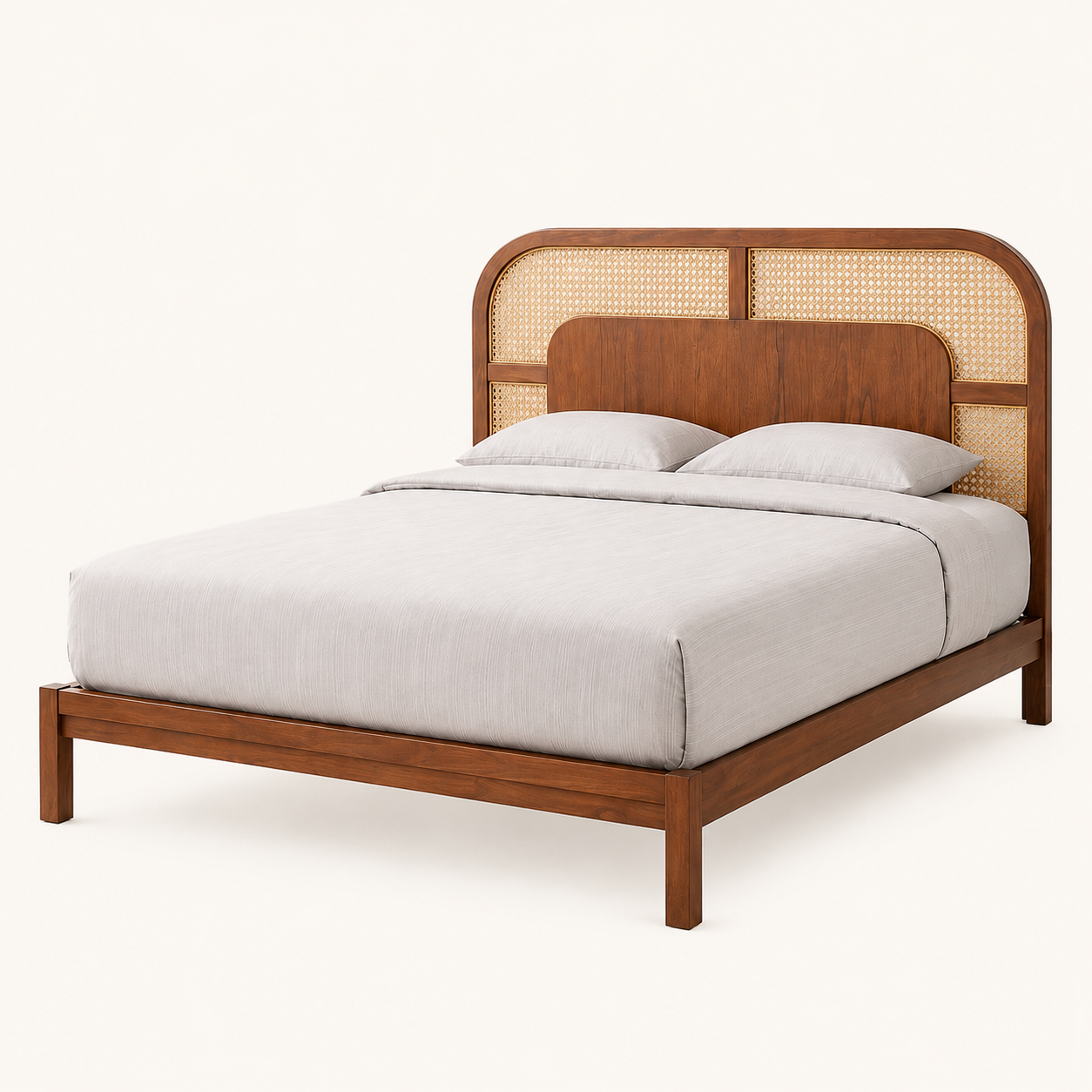 Solid Sheesham Wood Bed with Cane Headboard – Curved Design