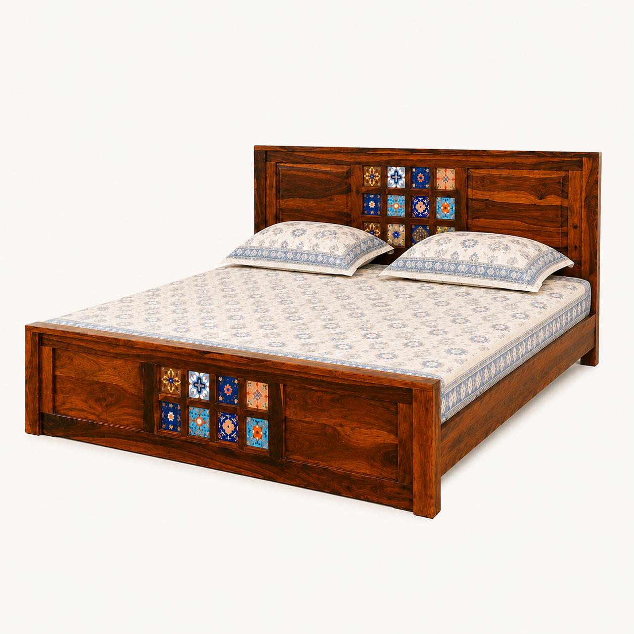 Solid Sheesham Wood Bed – Decorative Tile Panel Design