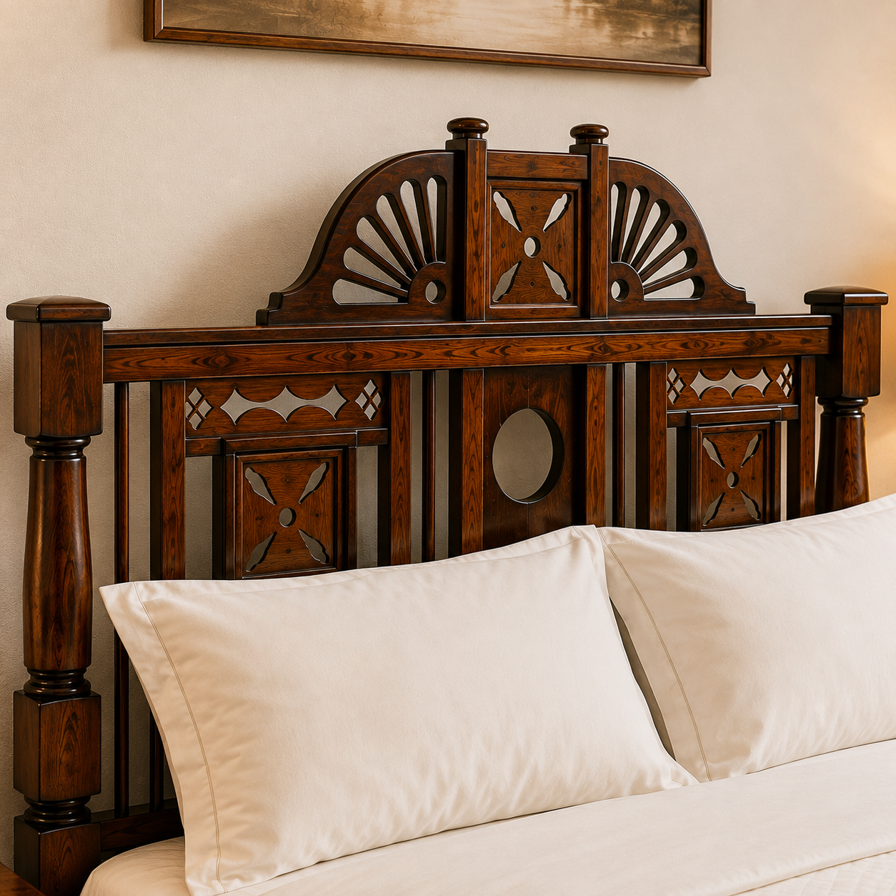 Solid Sheesham Wood Bed with Ornate Decorative Headboard