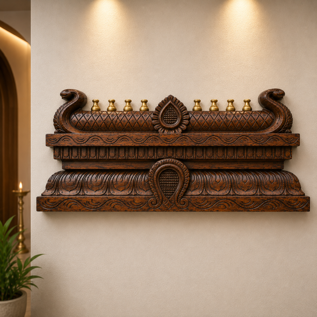 Hand-Carved Gopuram Wooden Wall Panel with Kalash | Traditional Temple Wall Décor