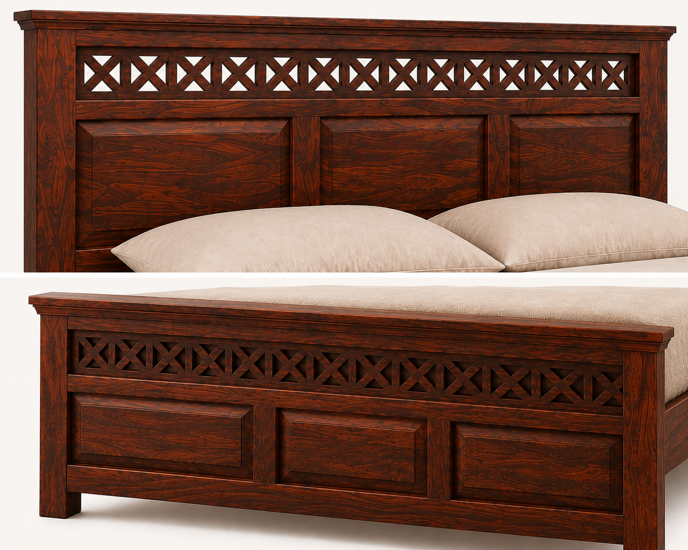 Solid Sheesham Wood Bed – Geometric Lattice Design