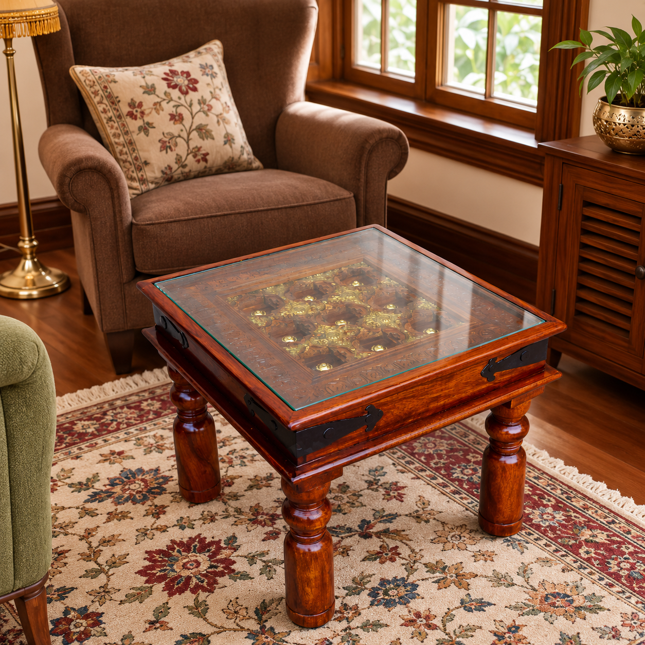 Solid Sheesham Wood Side Table with Brass Art Finish