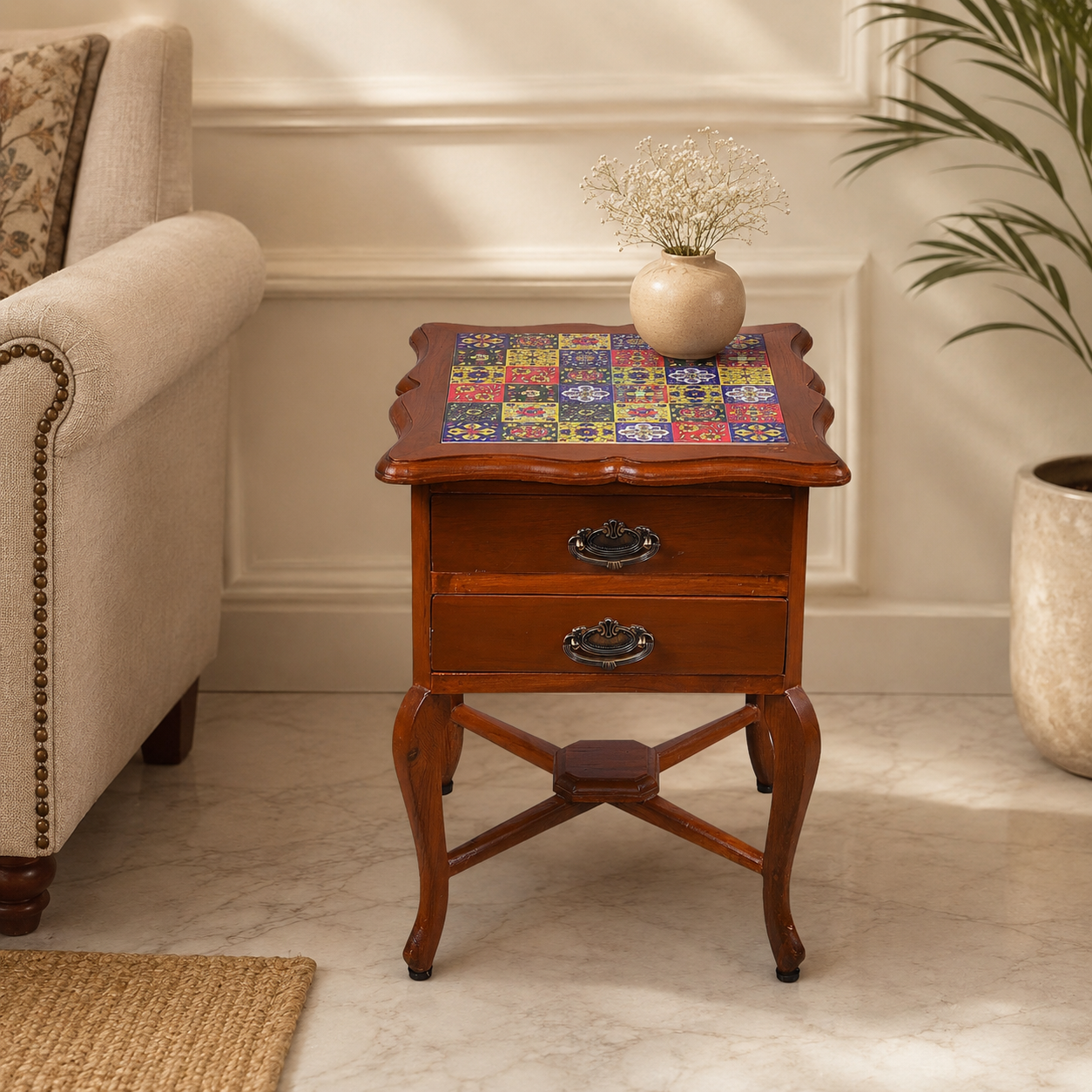Teak Wood Side Table with 2-Tier Storage & Tile Finish
