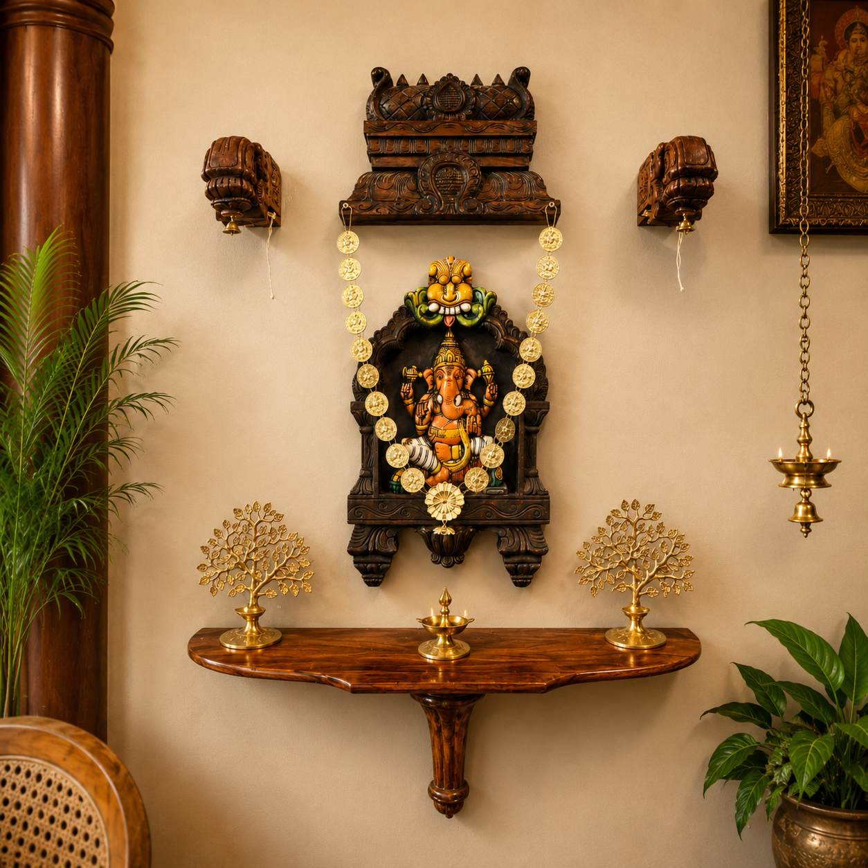 Hand-Carved Gopuram Wooden Wall Panel | Temple Wood Décor