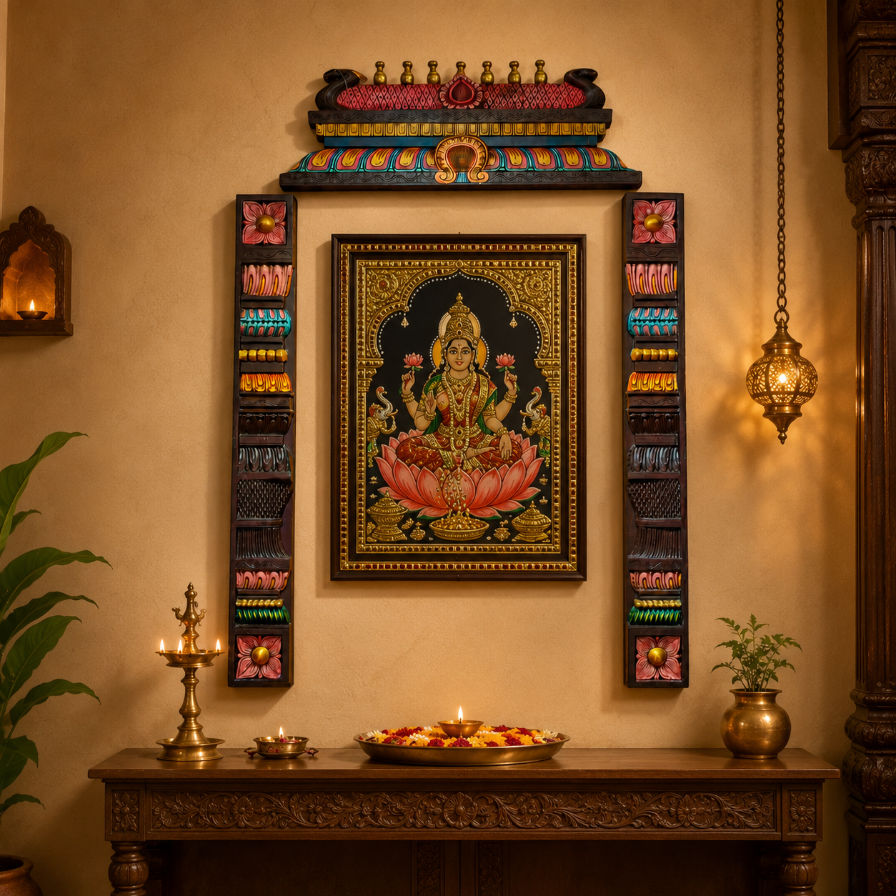 Hand-Painted Wooden Gopuram with Side Panels | Traditional Temple Wall Frame | Premium Vagai Wood