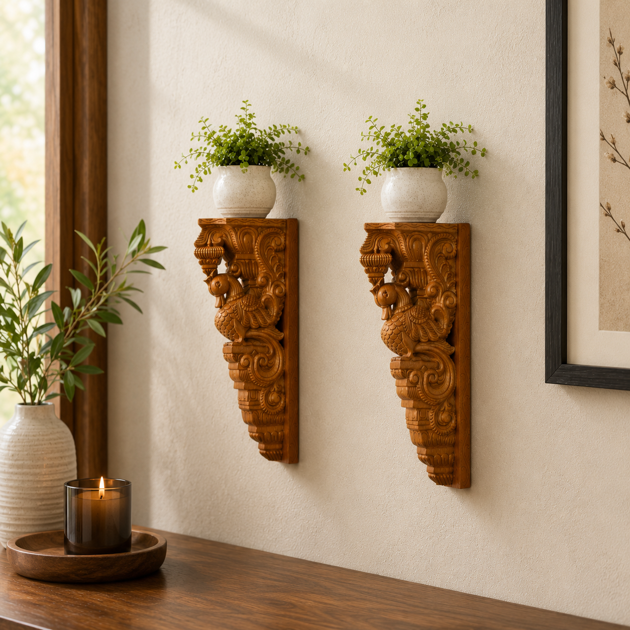 18 Inch Teakwood Finish Swan Wall Bracket – Hand-Carved Decorative Support