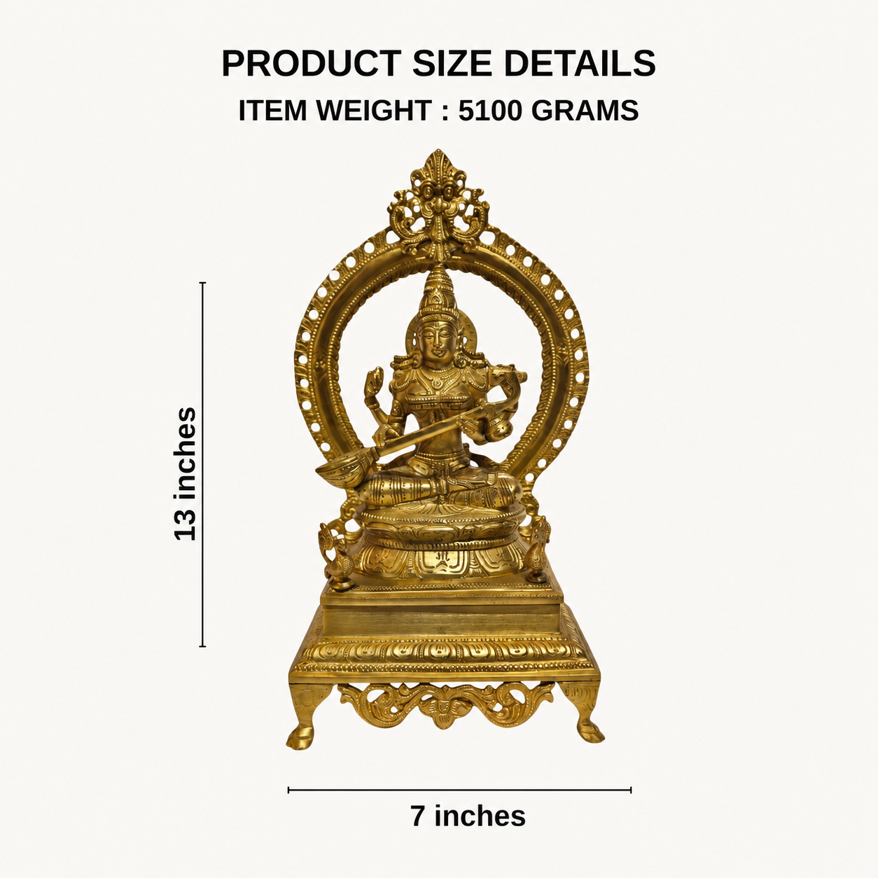 Handcrafted Brass Saraswati Idol with Arch | Premium Solid Brass Goddess Statue for Home Temple
