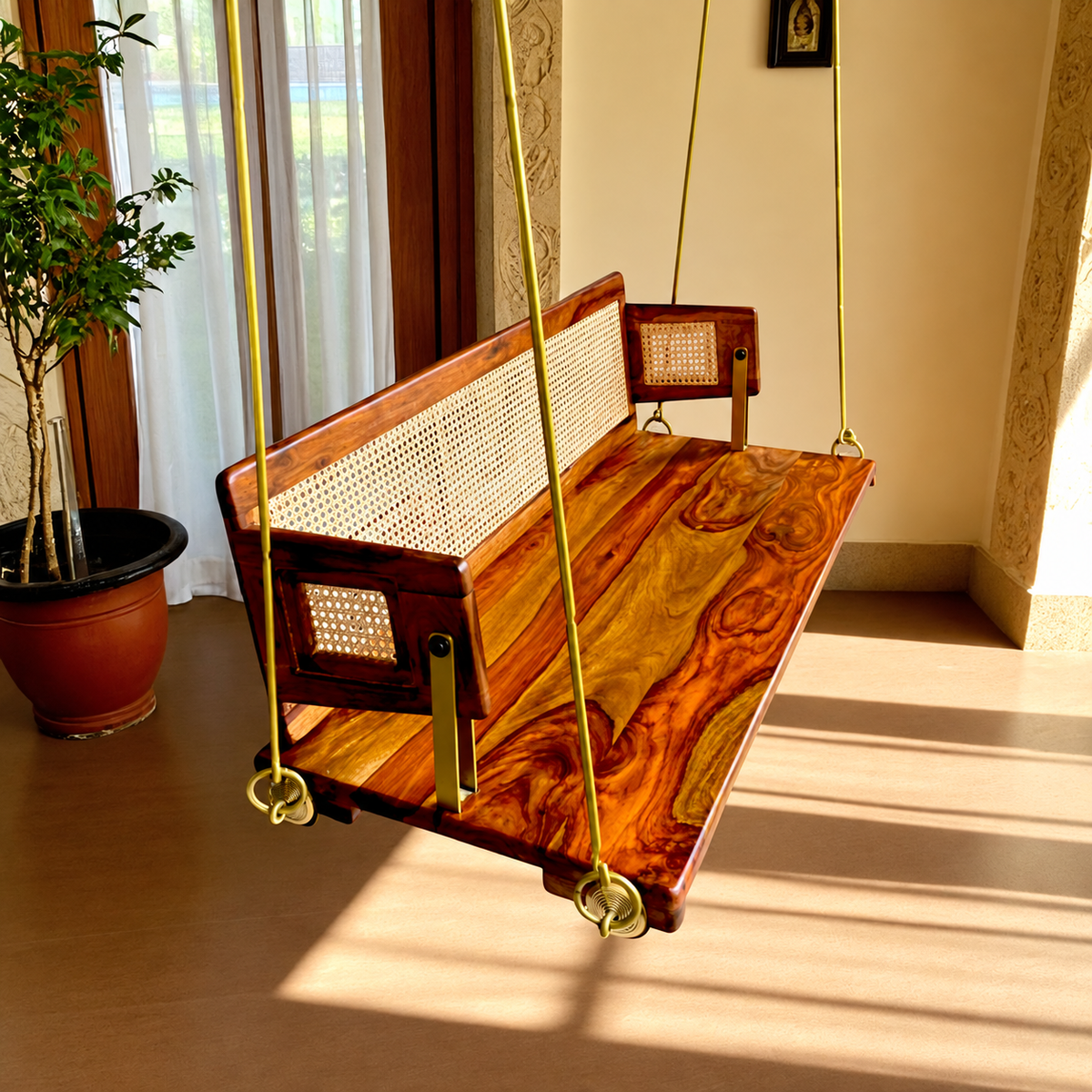 Teak Wood & Cane Backrest Swing – Reversible Jhula