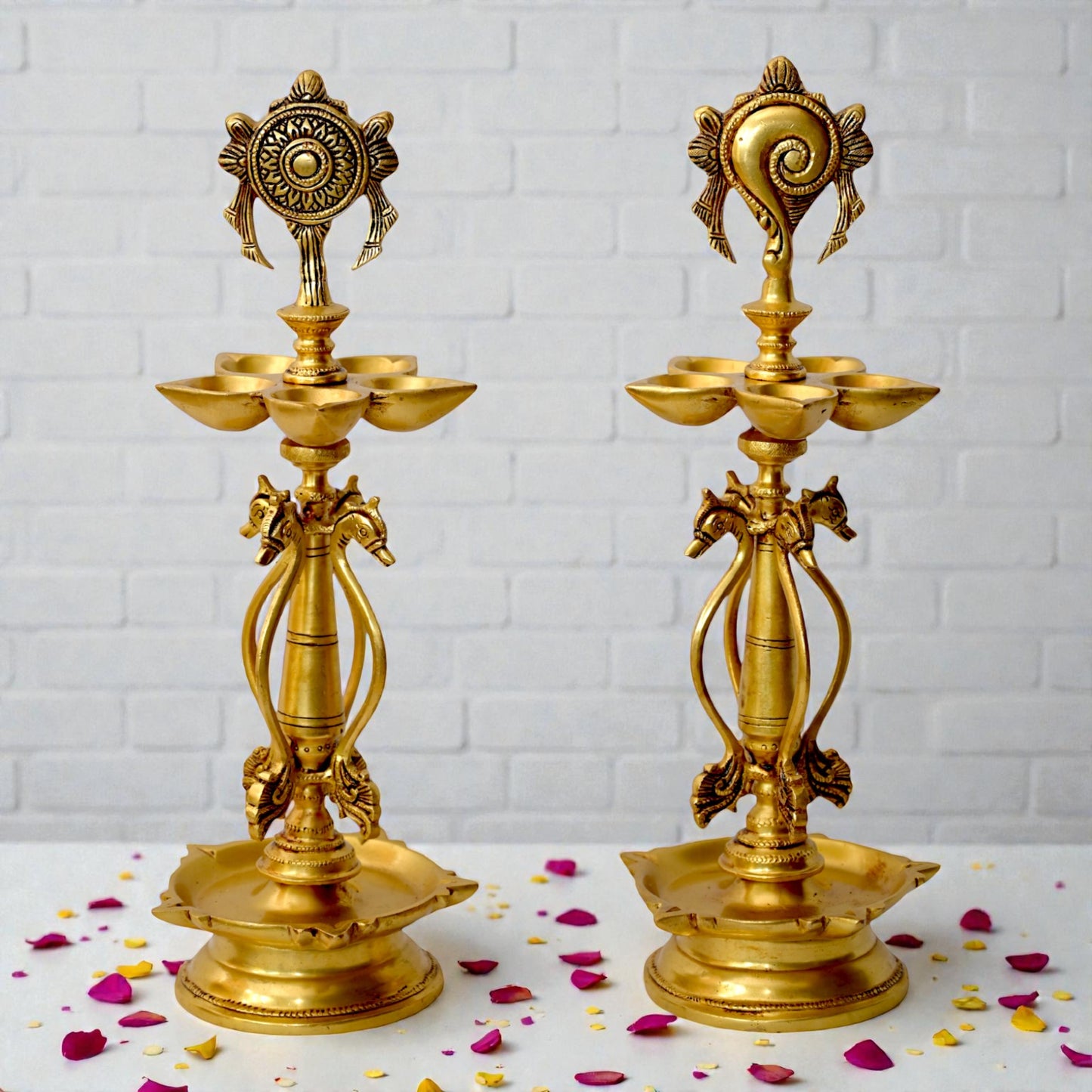 Brass Shankh & Chakra Deepam Set – Traditional Pooja Oil Lamps | Thar Arts & Furniture