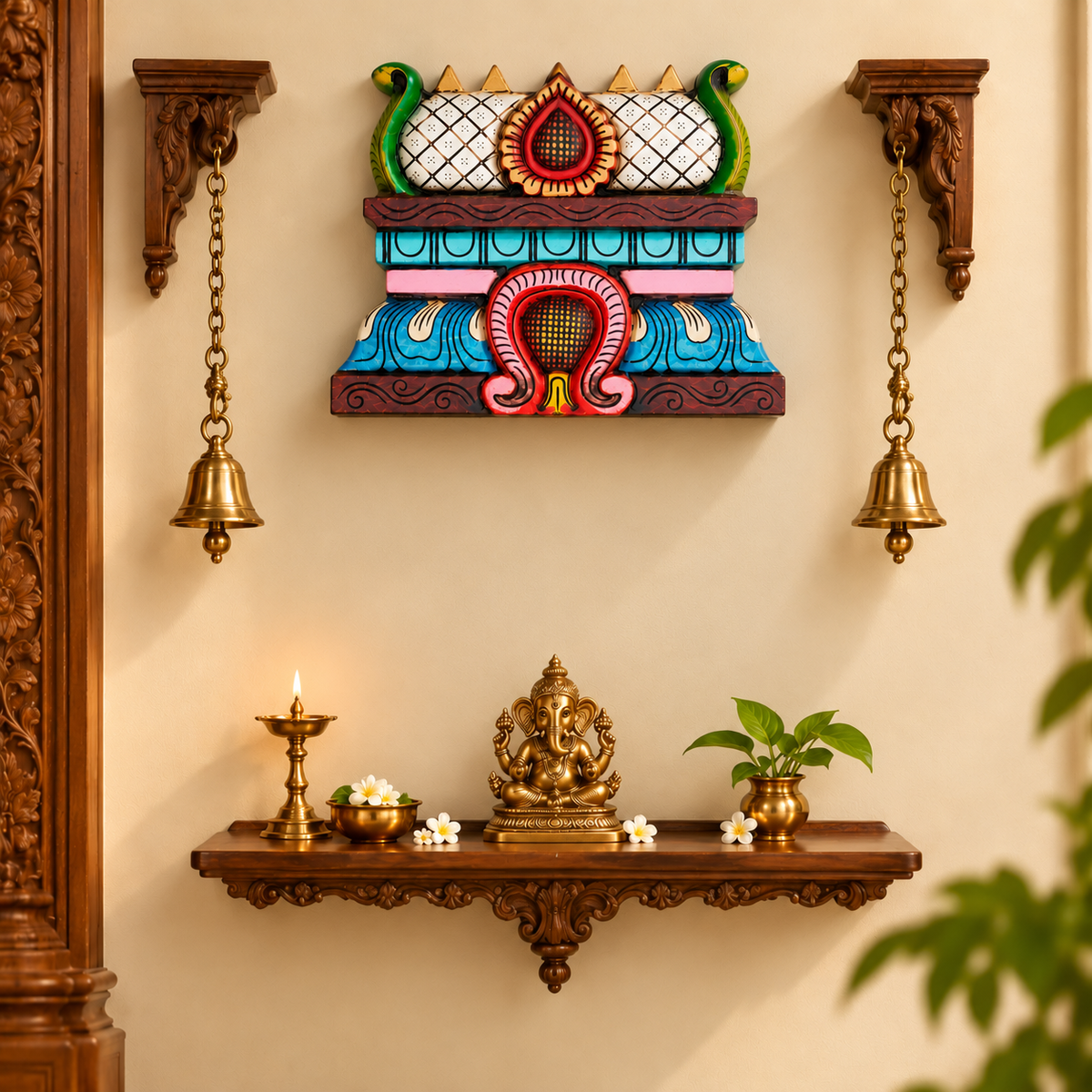 Handcrafted Wooden Painted Gopuram – Traditional Temple Wall Decor