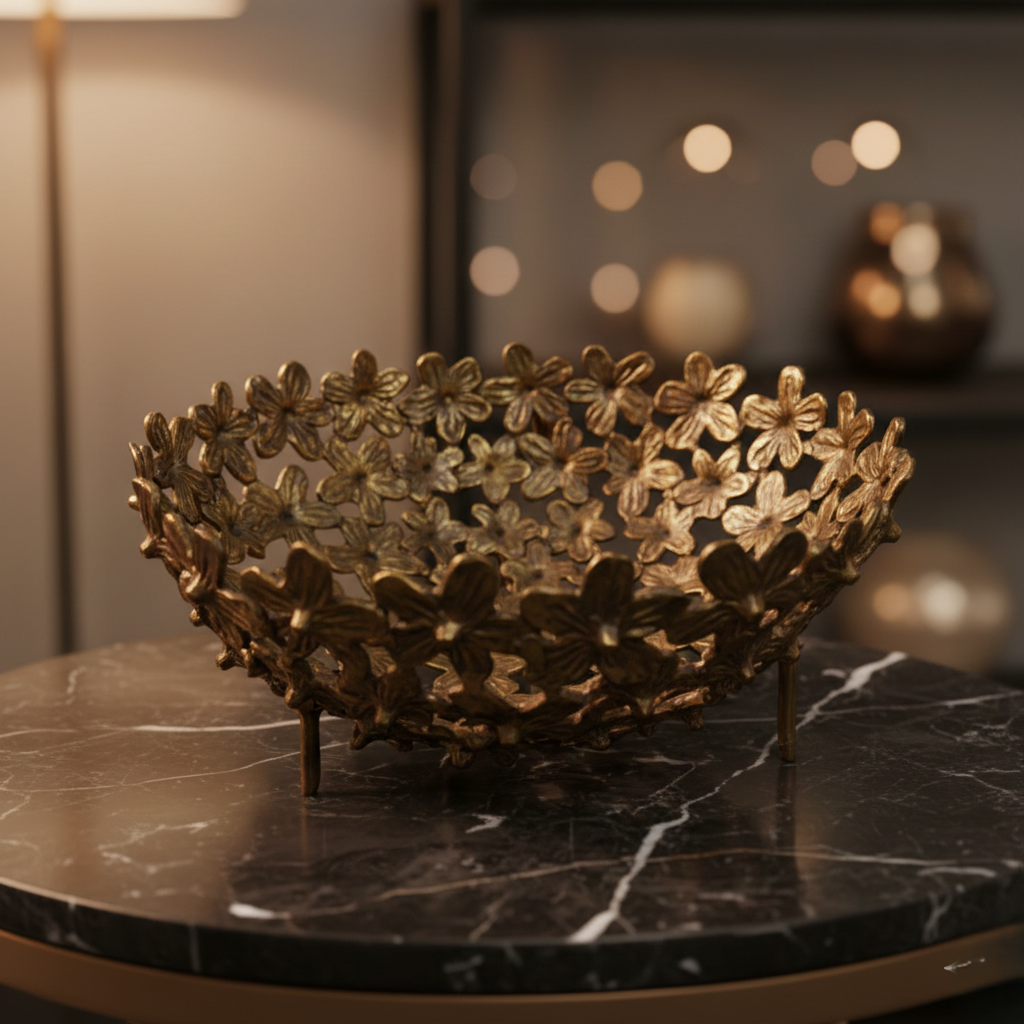 Handcrafted Brass Floral Decorative Fruit Bowl – Elegant Table Centrepiece | Thar Arts & Furniture