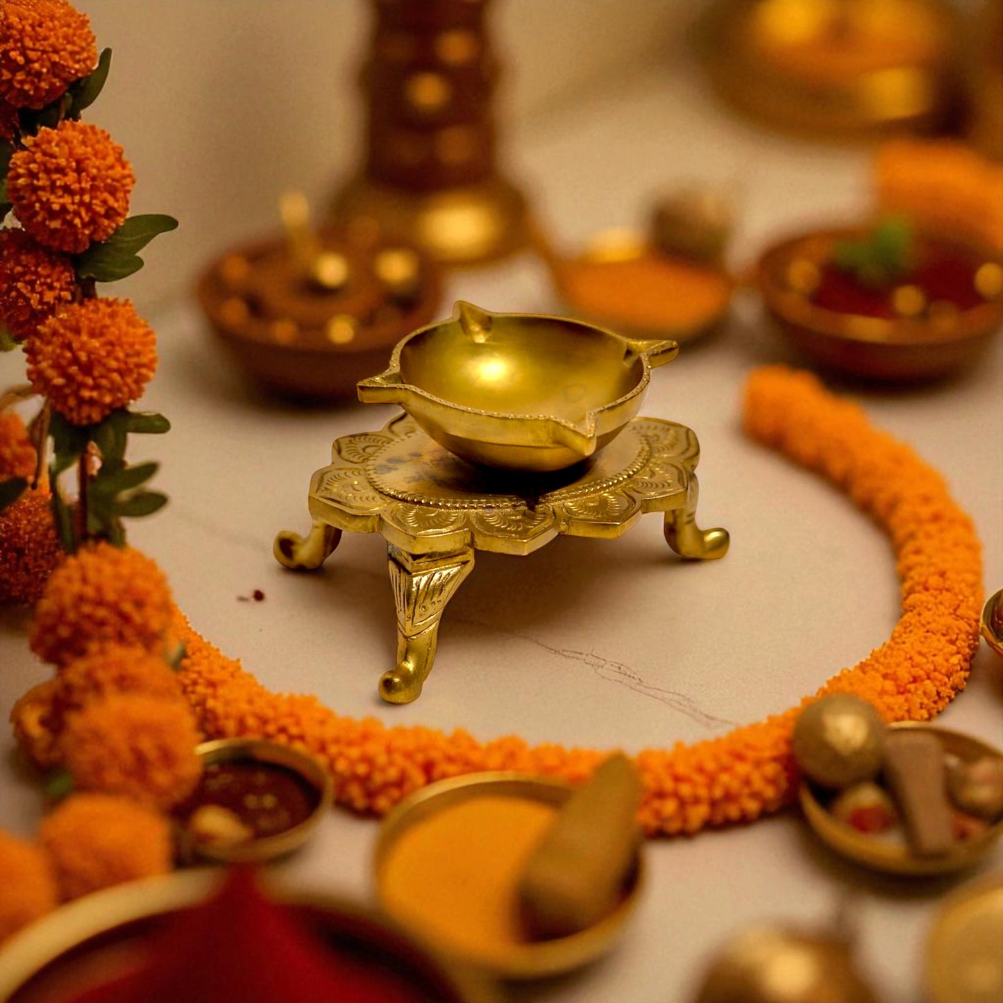 Thar Arts And Furniture - Brass Diya on Lotus Shaped Base