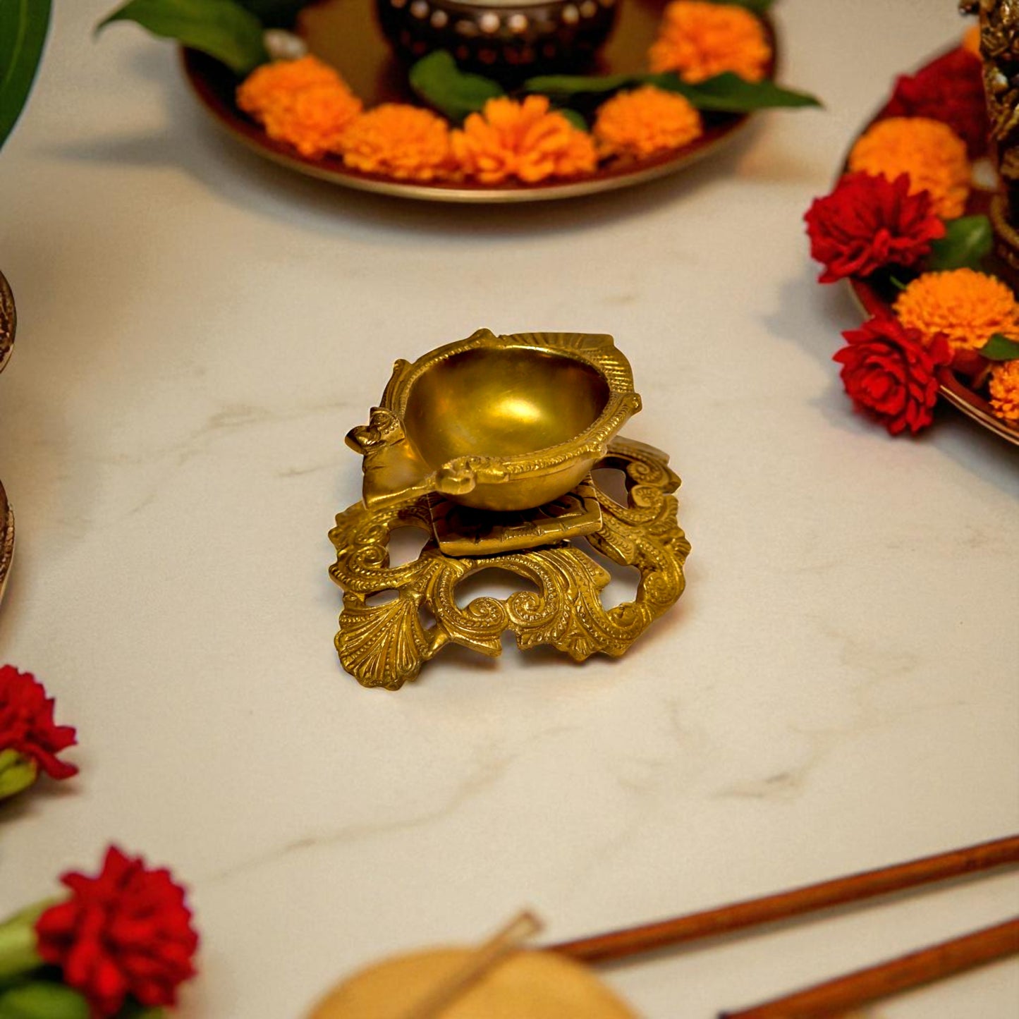 Thar Arts & Furniture- Brass Diya with Jali Base