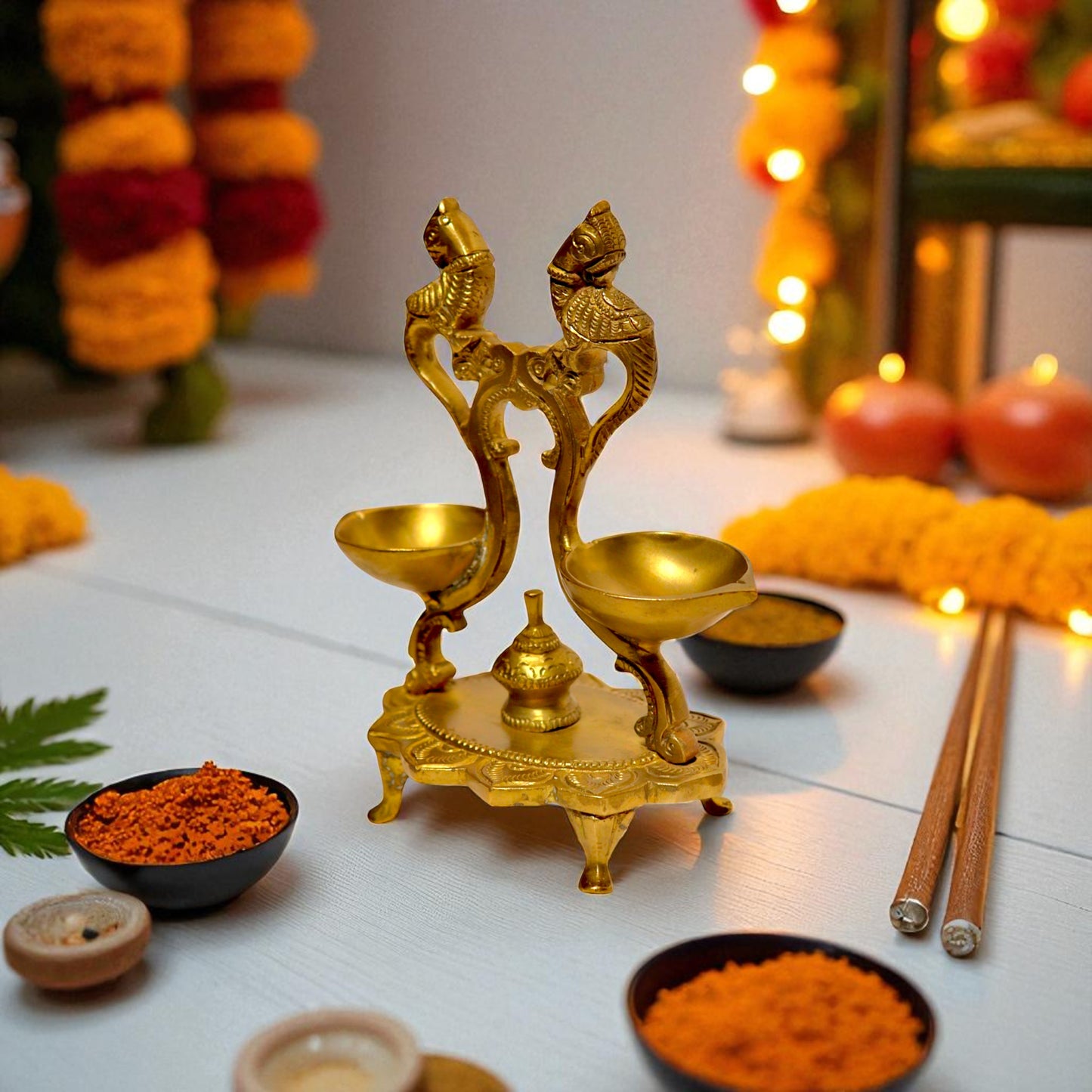 Brass Hanging Twin Bird Lamp – Decorative Pooja & Home Decor