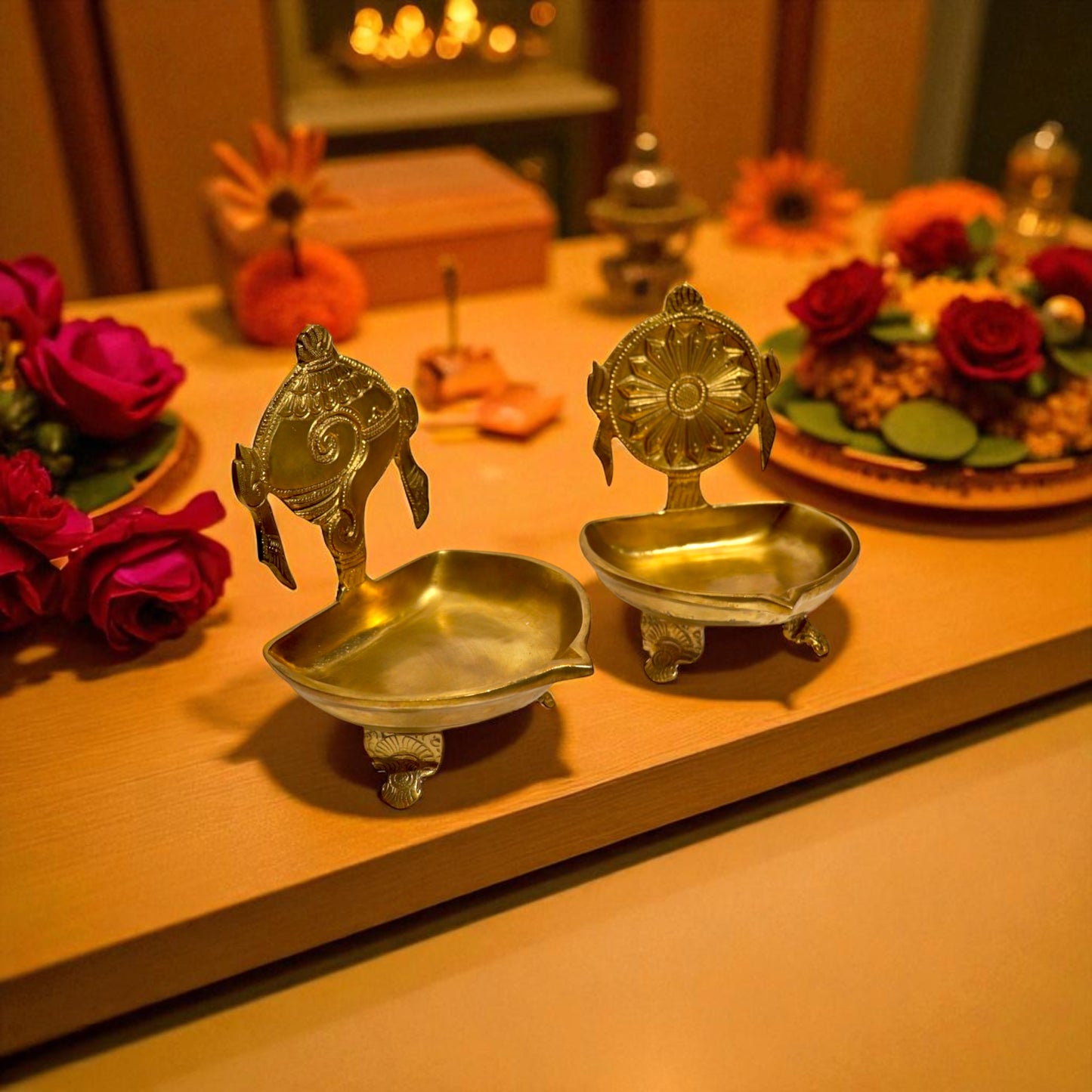 Brass Shankh & Chakra Diya Set – Traditional Pooja Deepam