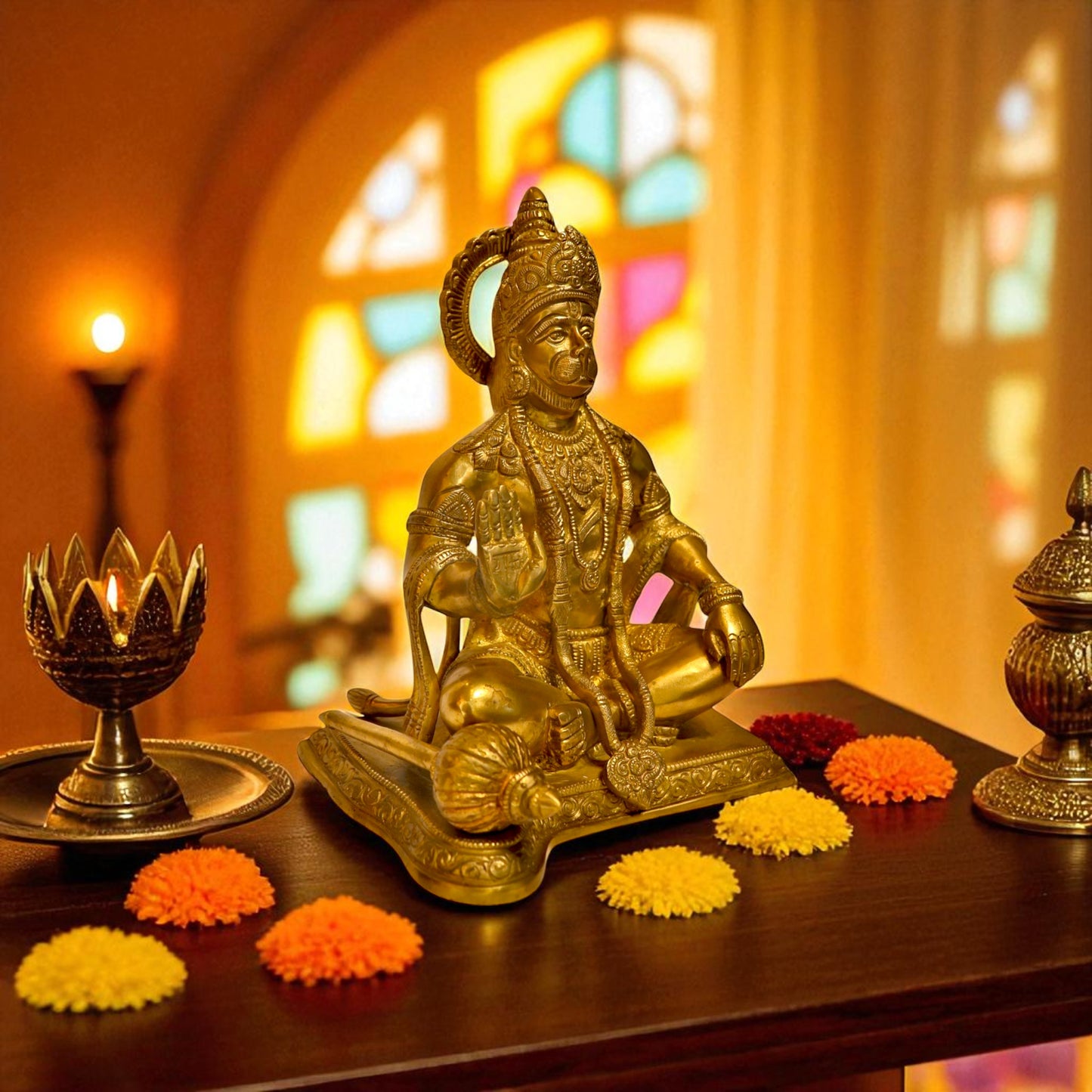 Brass Sitting Hanuman Idol in Blessing Pose – Lord Hanuman Murti