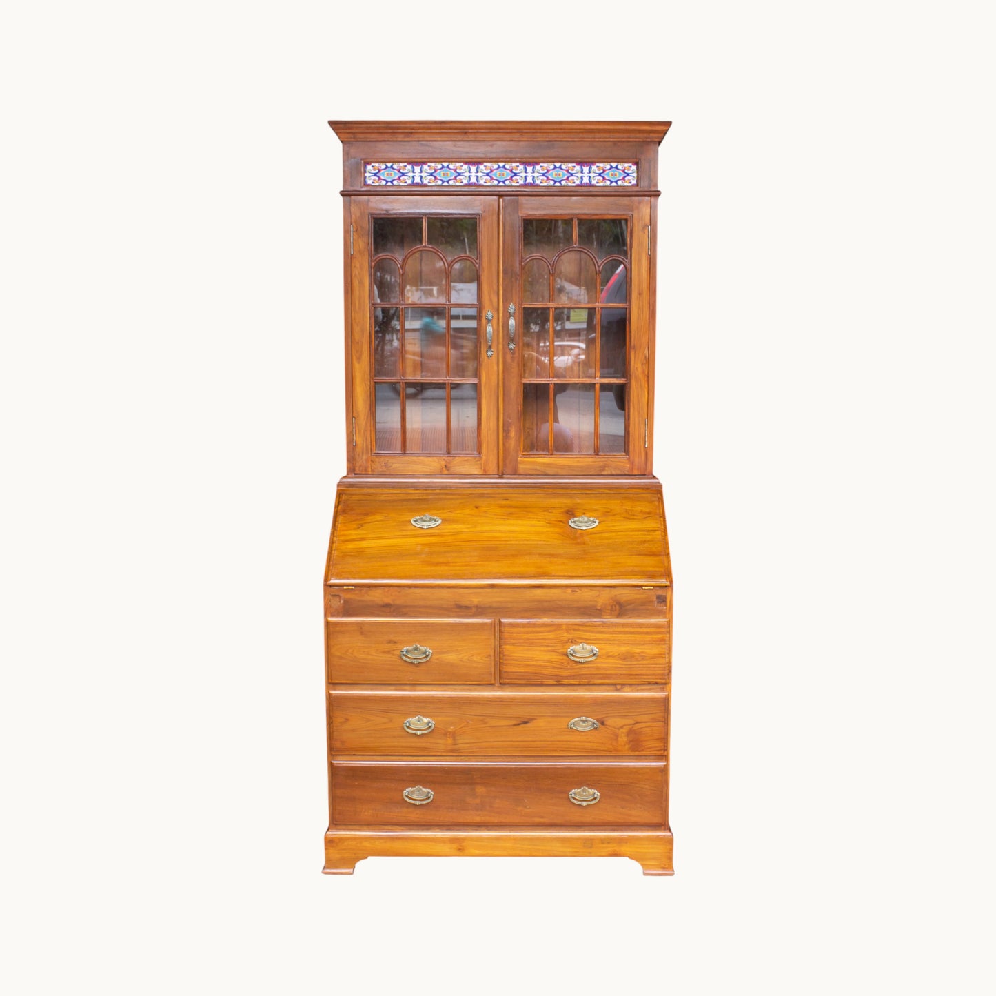 Thar Arts And Furniture - Solid Teak Wood Foldable Writing / Study Table with Storage Drawers and Glass Cabinet
