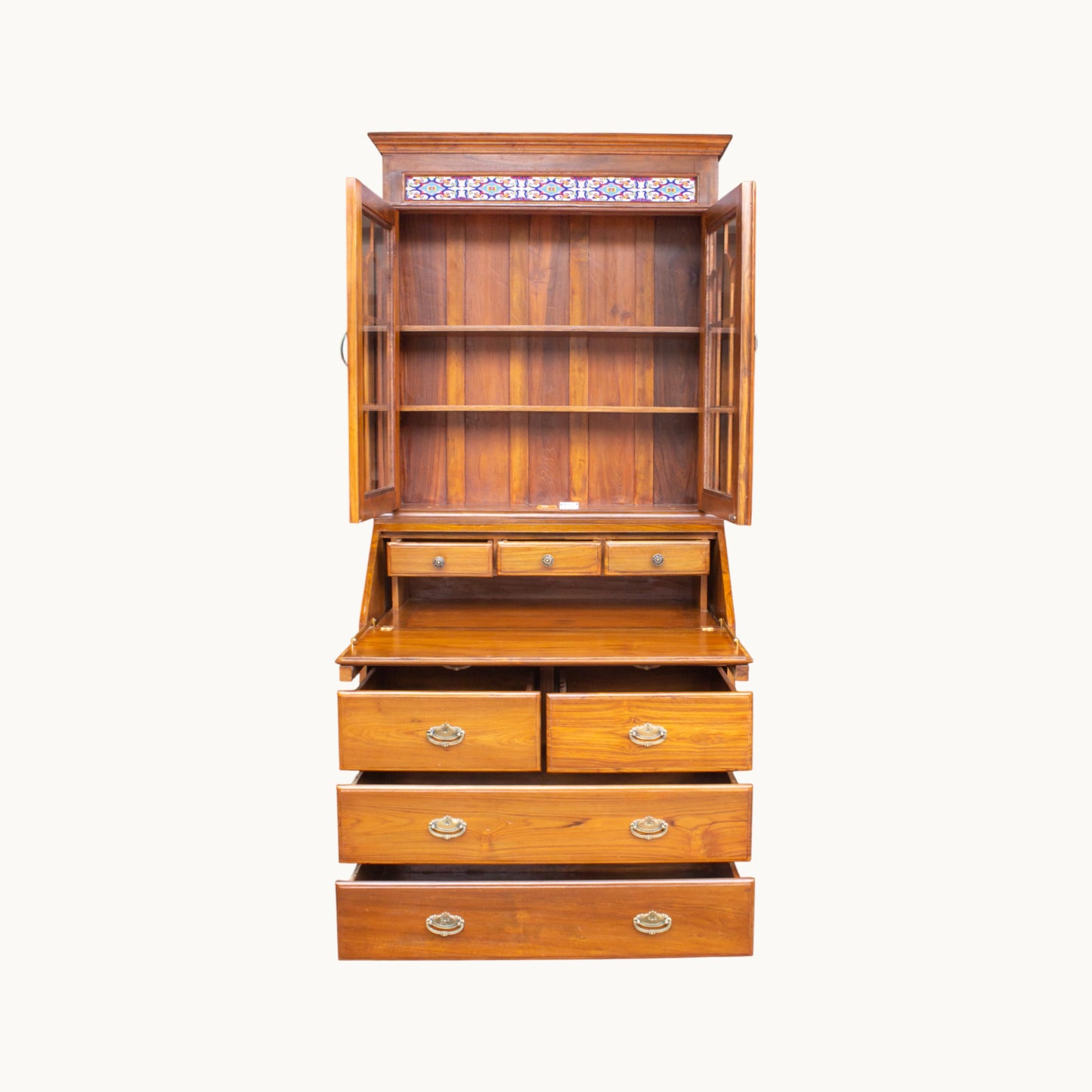 Thar Arts And Furniture - Solid Teak Wood Foldable Writing / Study Table with Storage Drawers and Glass Cabinet