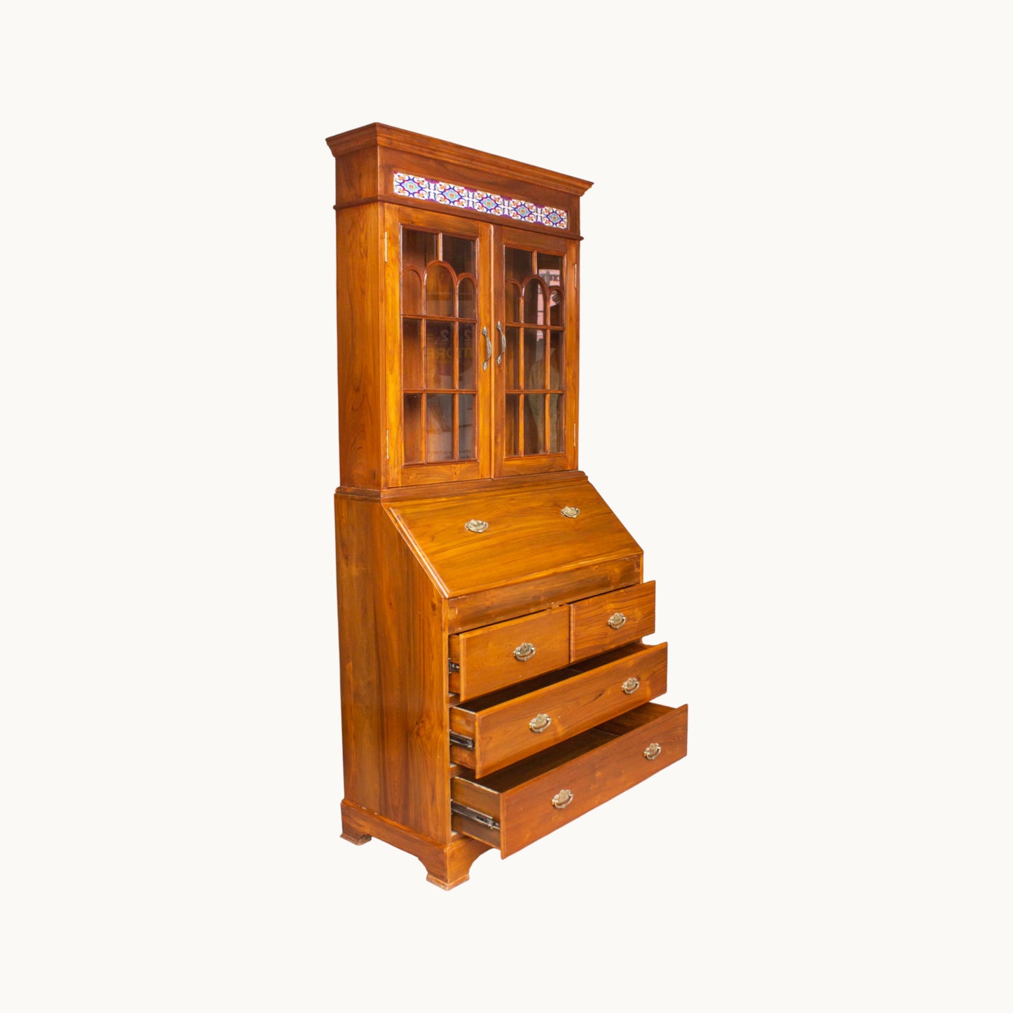 Thar Arts And Furniture - Solid Teak Wood Foldable Writing / Study Table with Storage Drawers and Glass Cabinet