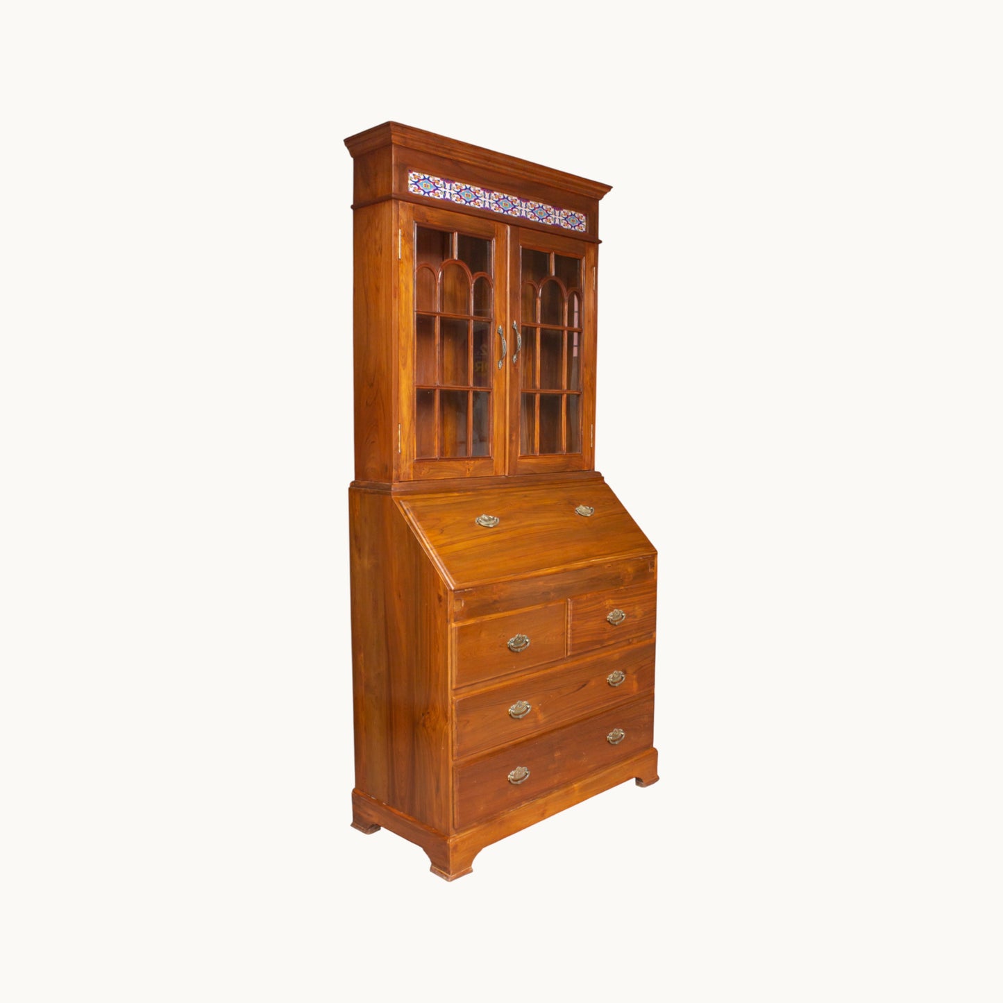 Thar Arts And Furniture - Solid Teak Wood Foldable Writing / Study Table with Storage Drawers and Glass Cabinet