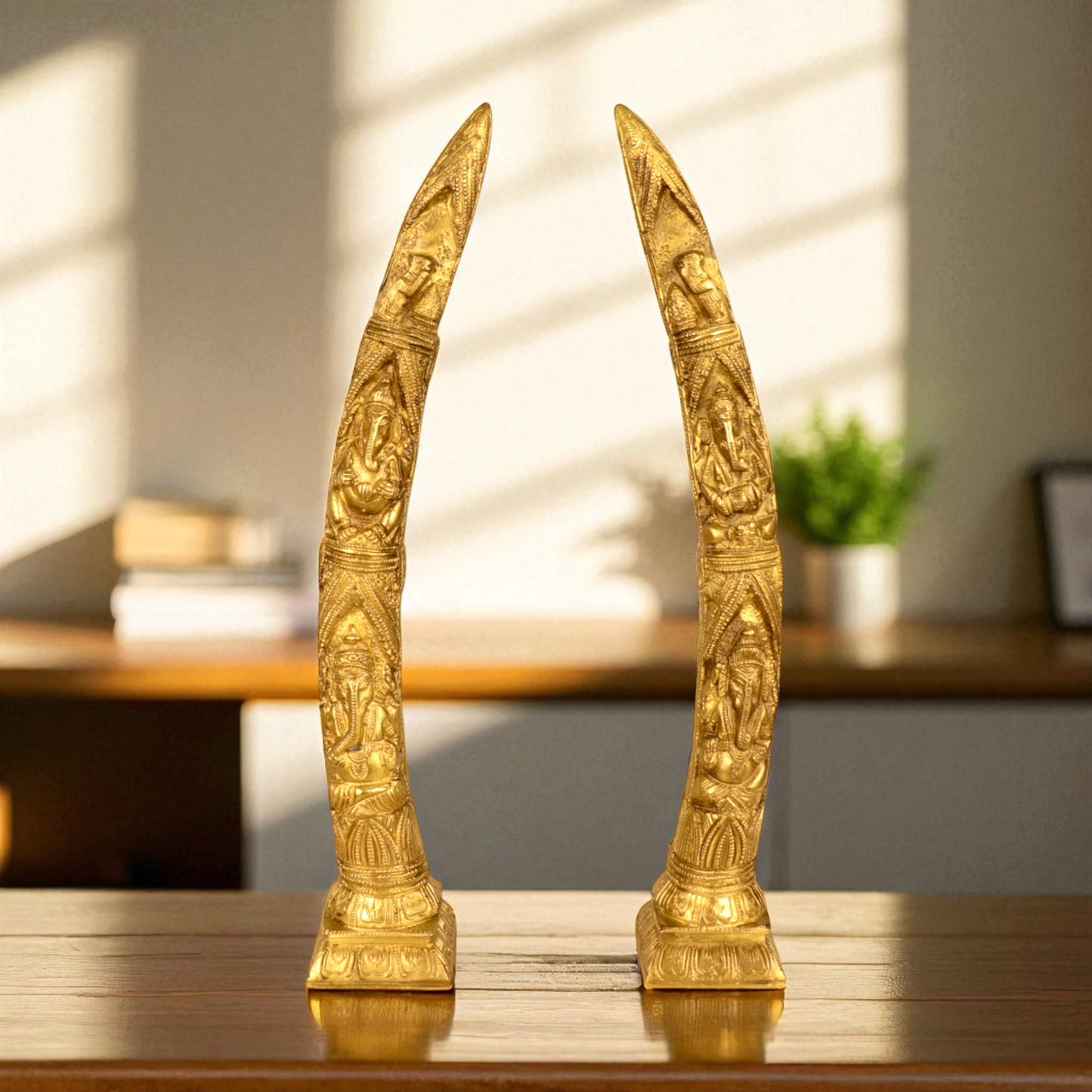 Thar Arts And Furniture - Brass Ganesha Design Elephant Tusk Set