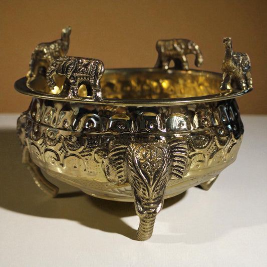 Handcrafted Brass Elephant Motif Urli Bowl – Traditional Decorative Centerpiece with Elephant Legs for Floating Flowers and Pooja Decor