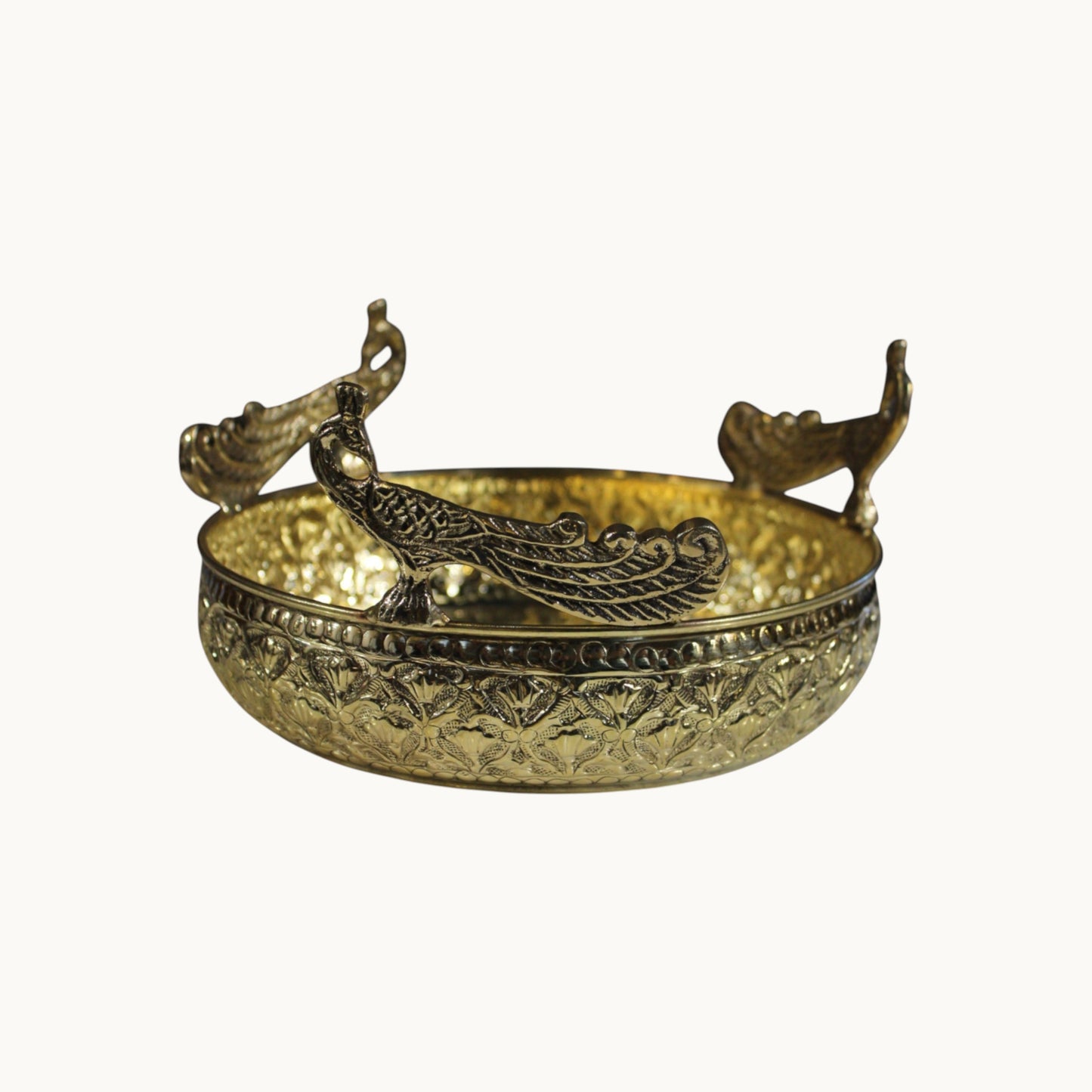 Handcrafted Brass Urli Bowl With Peacock – Traditional Decorative Centrepiece | Thar Arts & Furniture