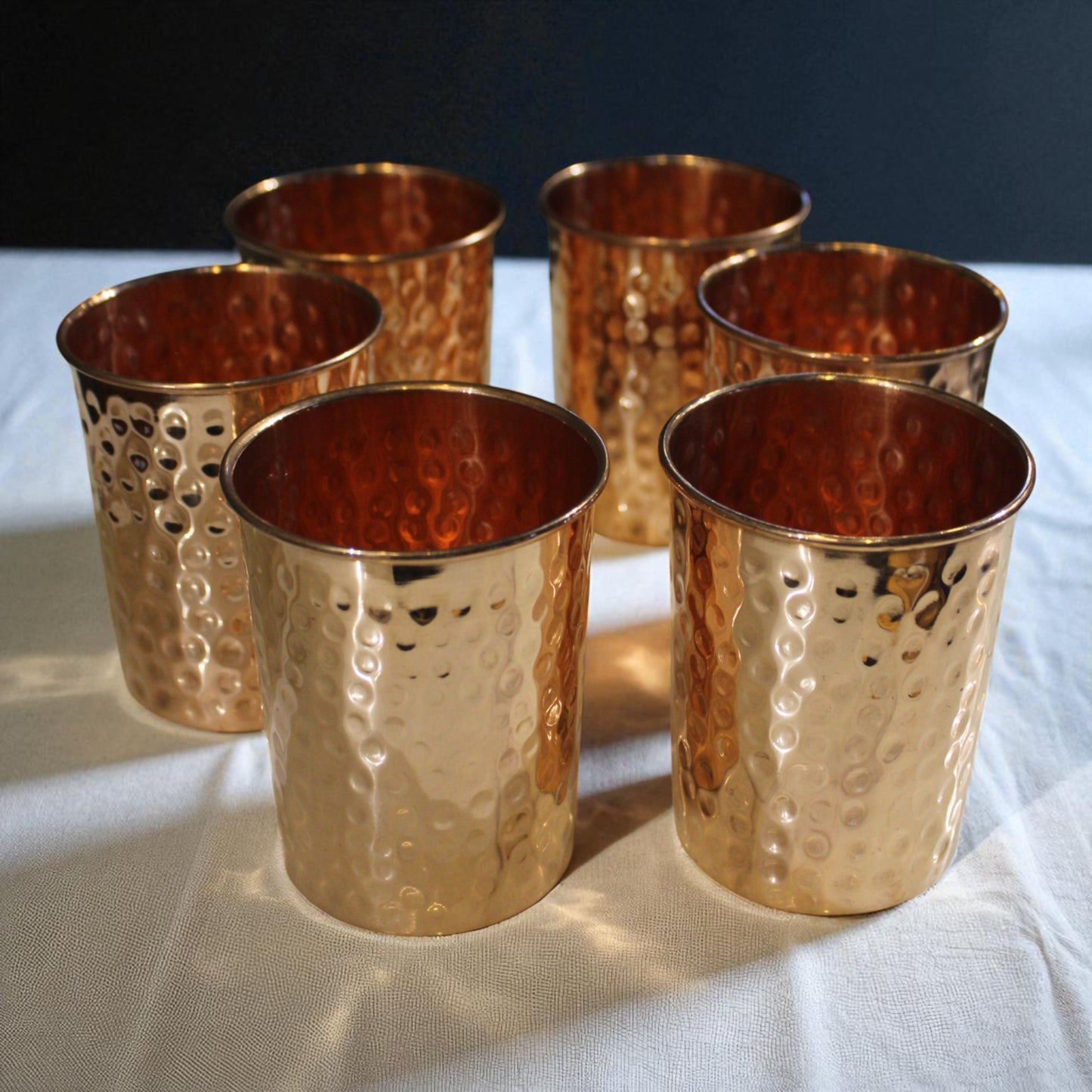 Pure Copper Hammered Tumbler Glass Set – Ayurveda Drinkware, 6 Piece, 250ml Each, Handcrafted Artisan Finish