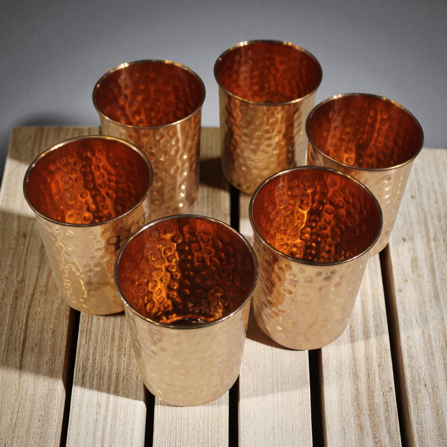 Pure Copper Hammered Tumbler Glass Set – Ayurveda Drinkware, 6 Piece, 250ml Each, Handcrafted Artisan Finish