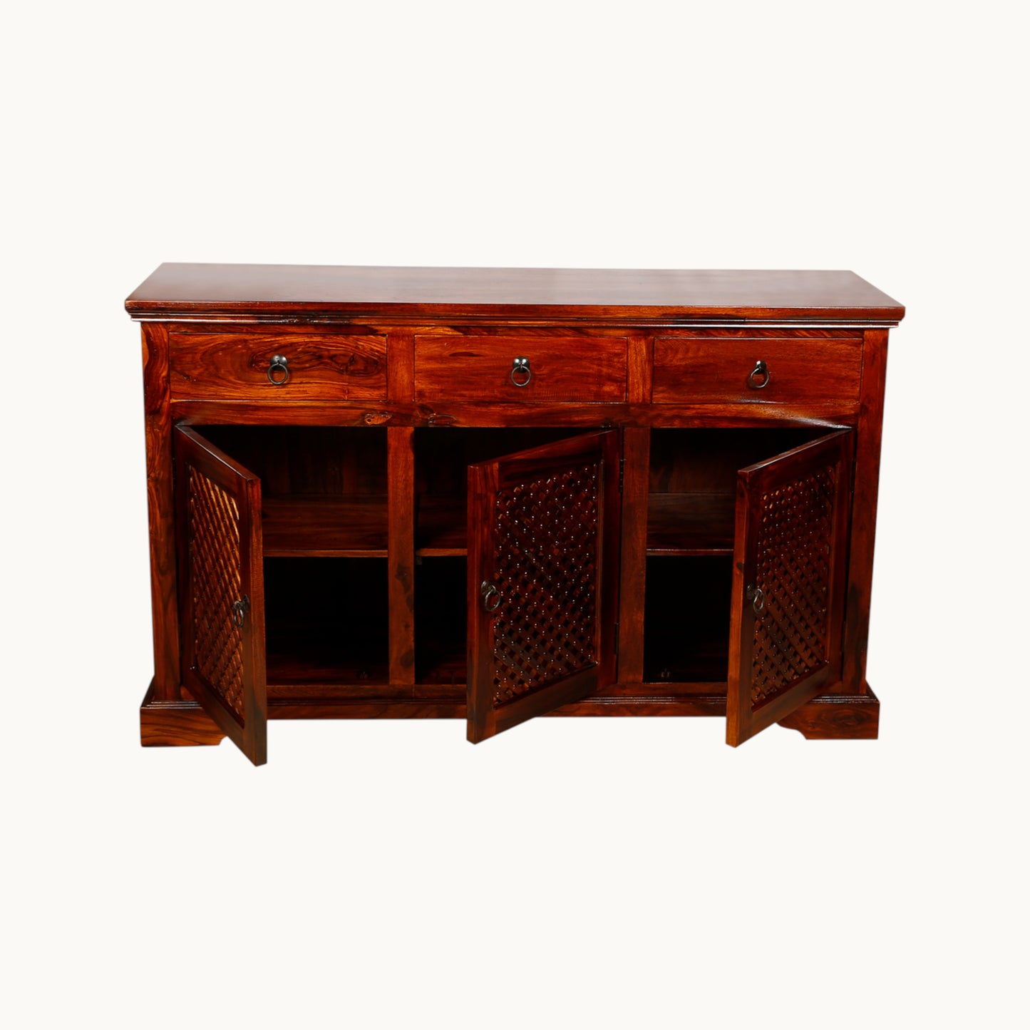 Thar Arts And Furniture - Solid Sheesham wood Side board with 3 Door Storage Cabinet and 3 Storage Drawers, Honey Finish