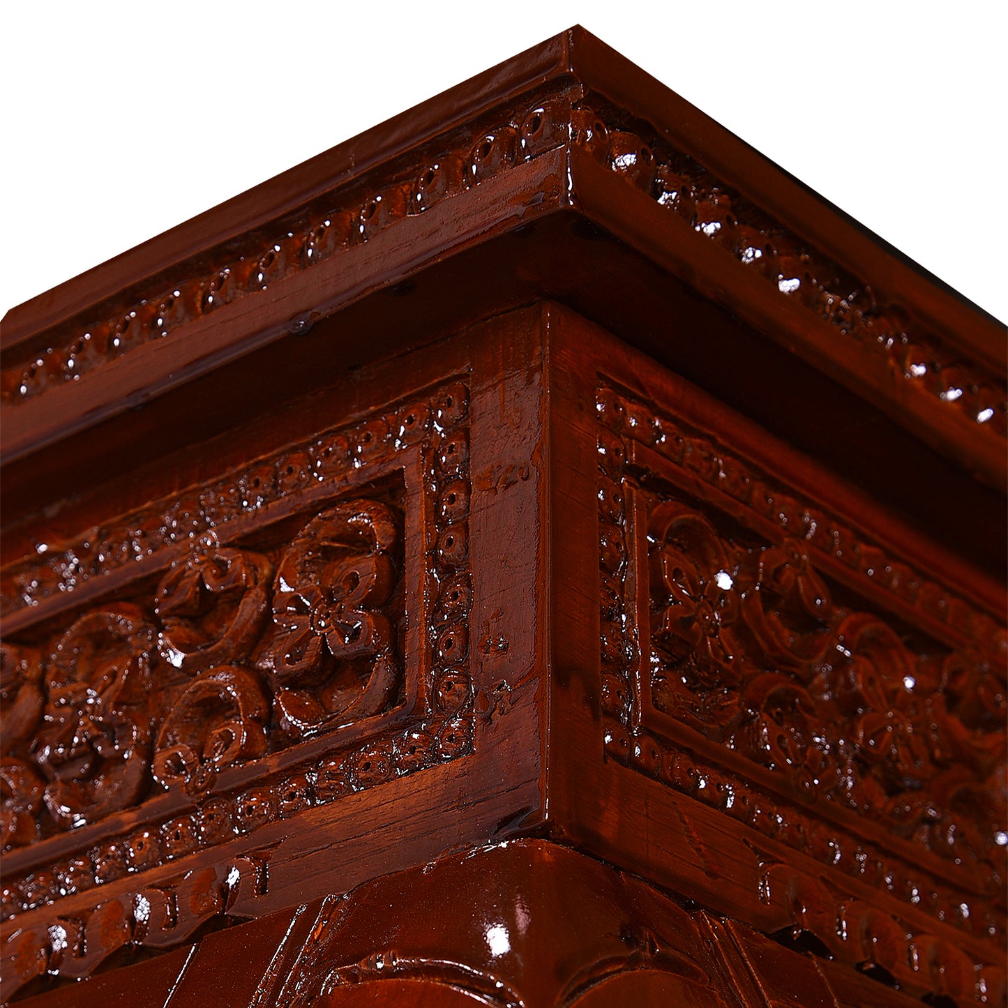 Heritage Hand-Carved Solid Wood Dining Set – Glass Top | Premium Fabric Seating – 6 Seater | Thar Arts & Furniture