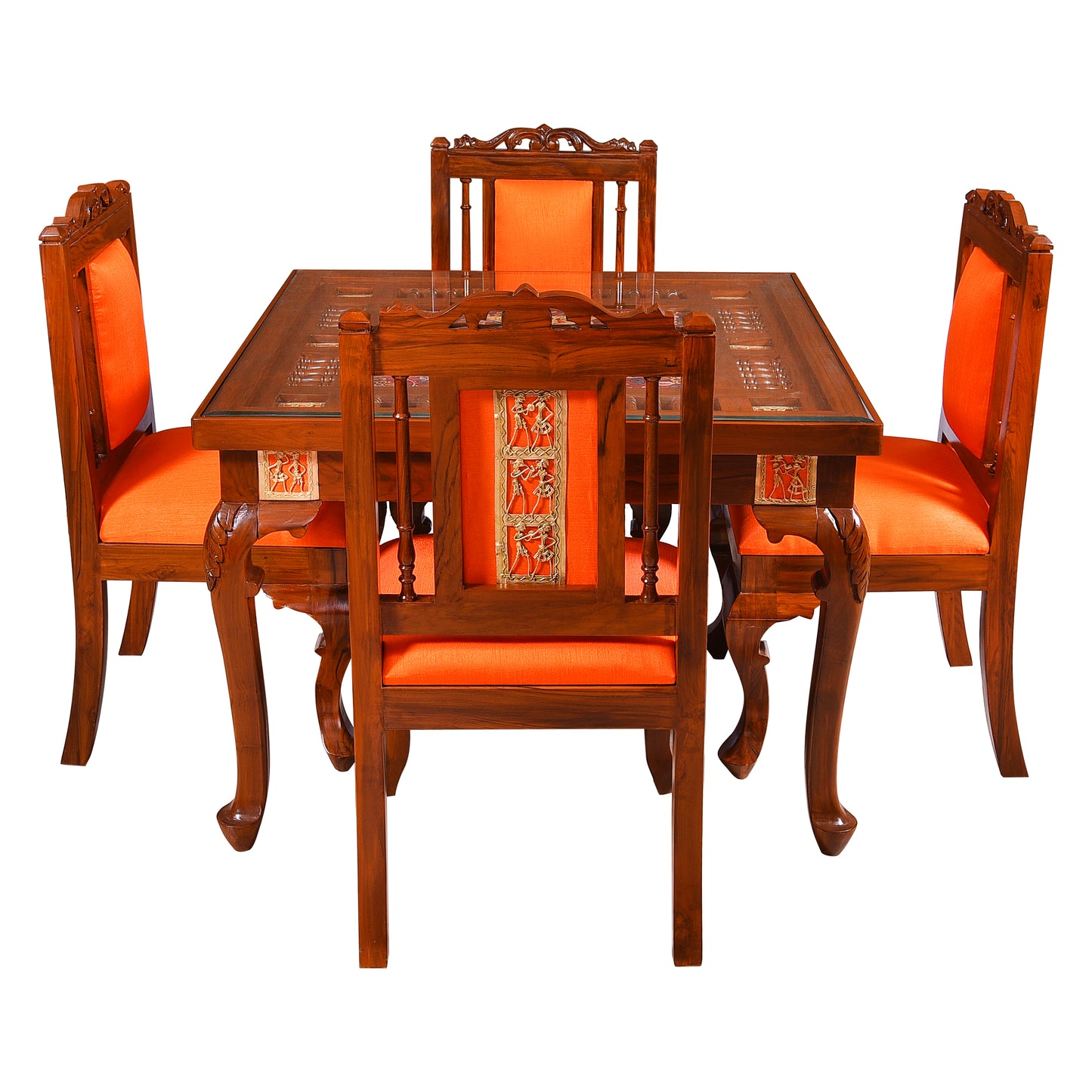 Teak Wood 4-Seater Dining Table Set with Intricate Carvings & Glass Top – Premium Traditional Design | Thar Arts & Furniture