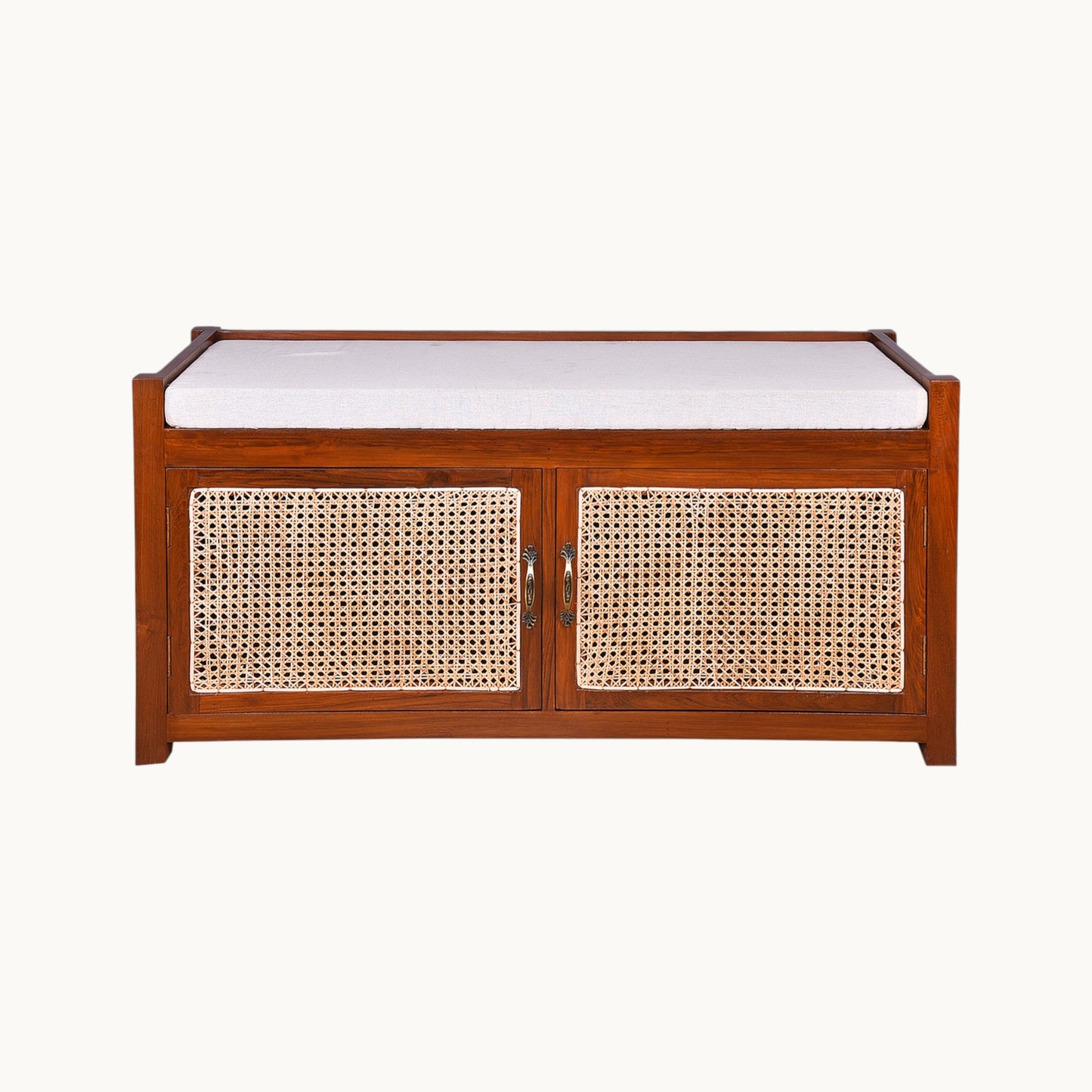 Thar Arts And Furniture - Teakwood Shoe Rack/ Bench with Cushion, 2 Door Storage Shelf and Cane Finish ( Rattan )