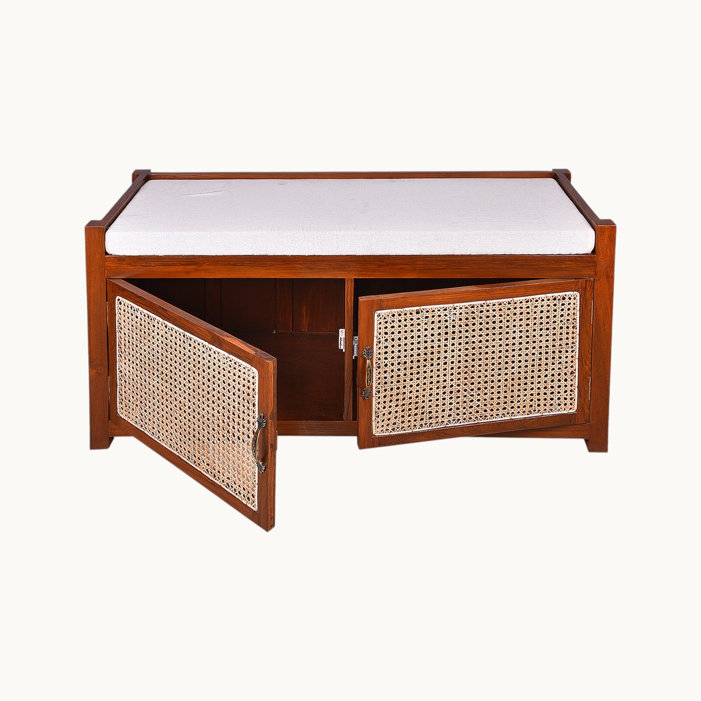 Thar Arts And Furniture - Teakwood Shoe Rack/ Bench with Cushion, 2 Door Storage Shelf and Cane Finish ( Rattan )