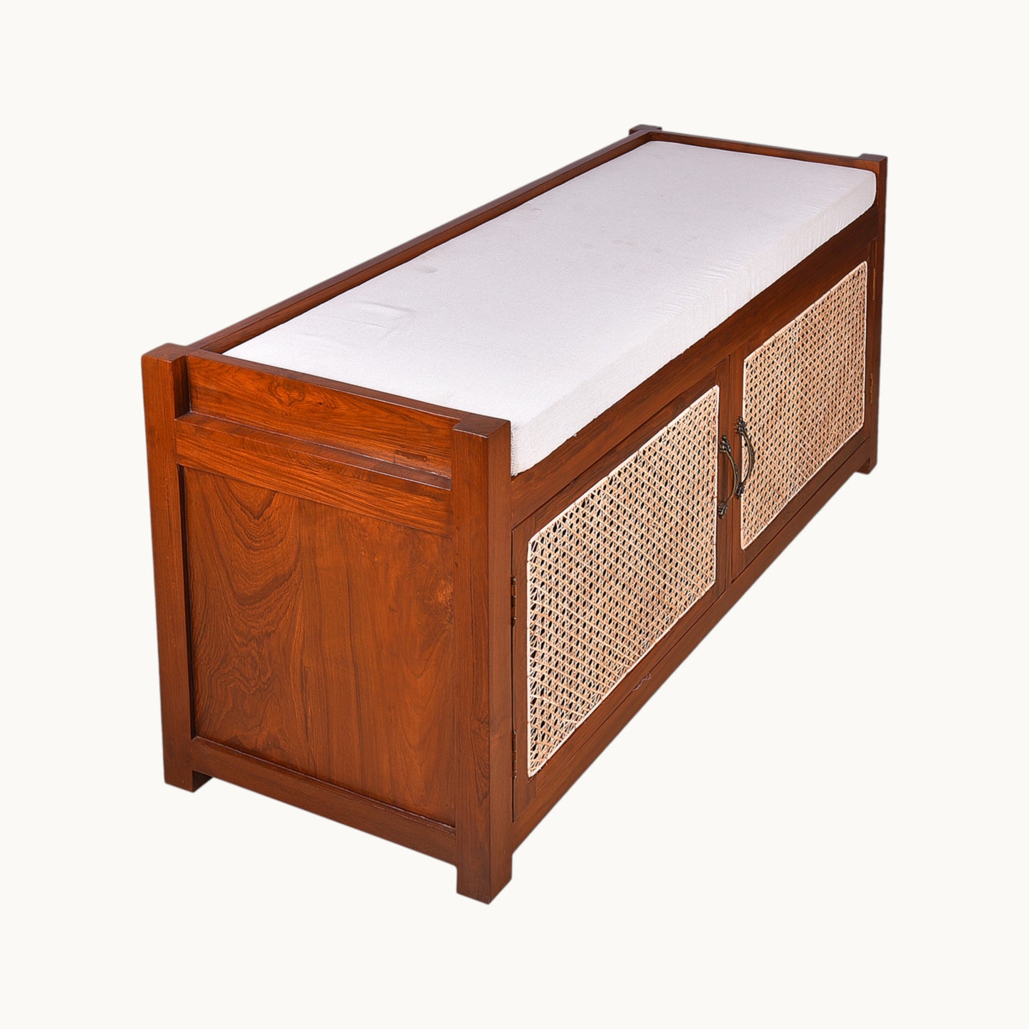 Thar Arts And Furniture - Teakwood Shoe Rack/ Bench with Cushion, 2 Door Storage Shelf and Cane Finish ( Rattan )