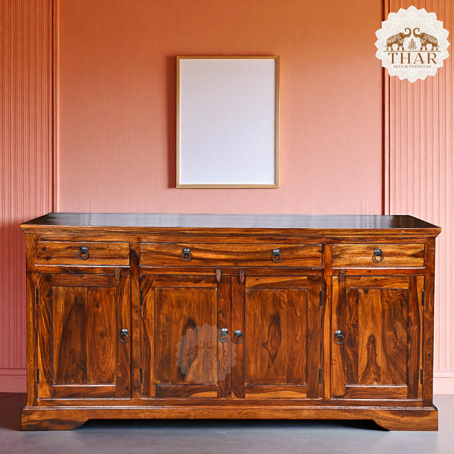 Thar Arts And Furniture - Solid Sheesham wood Side board with 4 Door Storage Cabinate and 4 Storage Drawers, Honey Finish