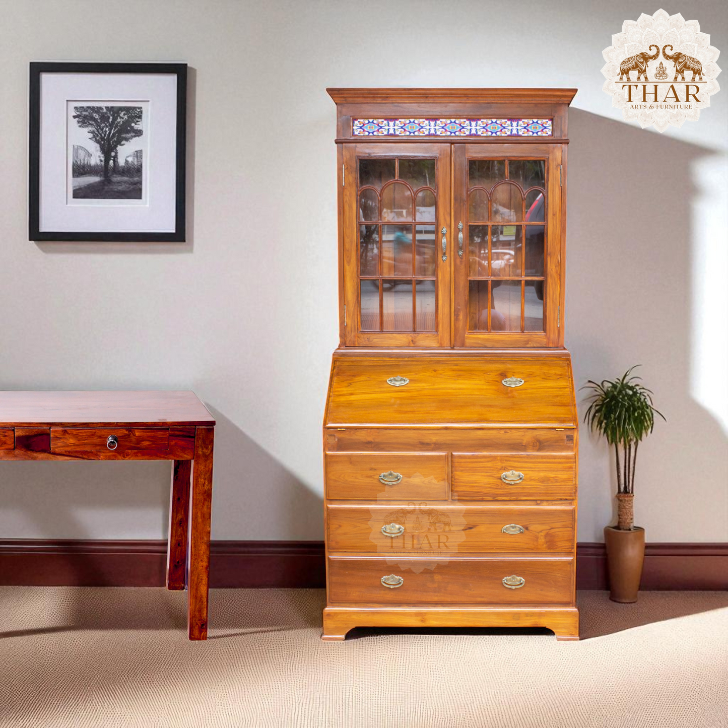 Thar Arts And Furniture - Solid Teak Wood Foldable Writing / Study Table with Storage Drawers and Glass Cabinet