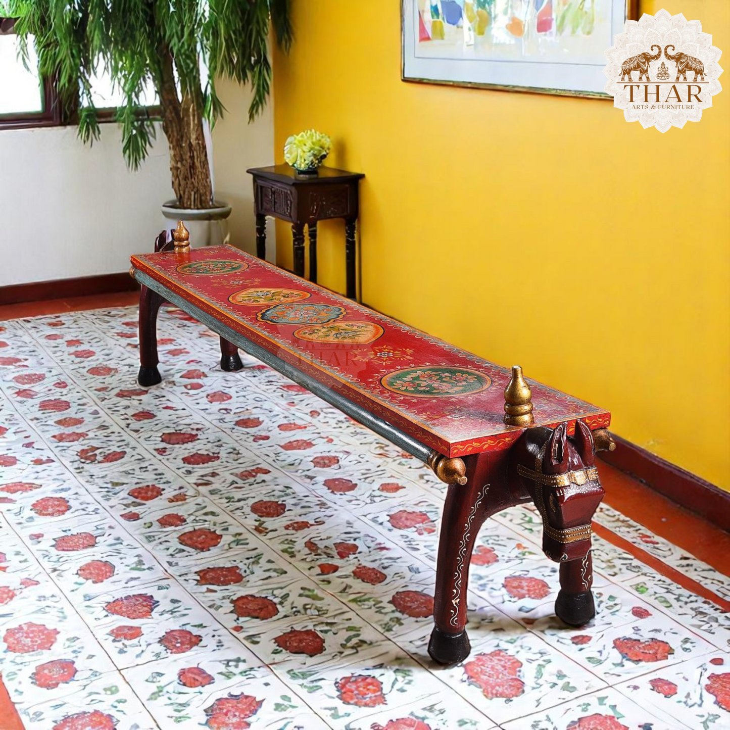 Thar Arts And Furniture - Wooden Hand Painted Horse Bench