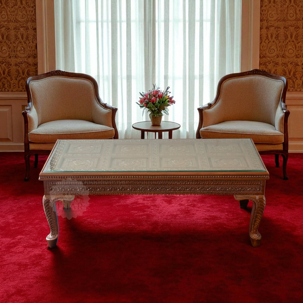 Teak Wood Hand-Carved Coffee Table with Glass Top