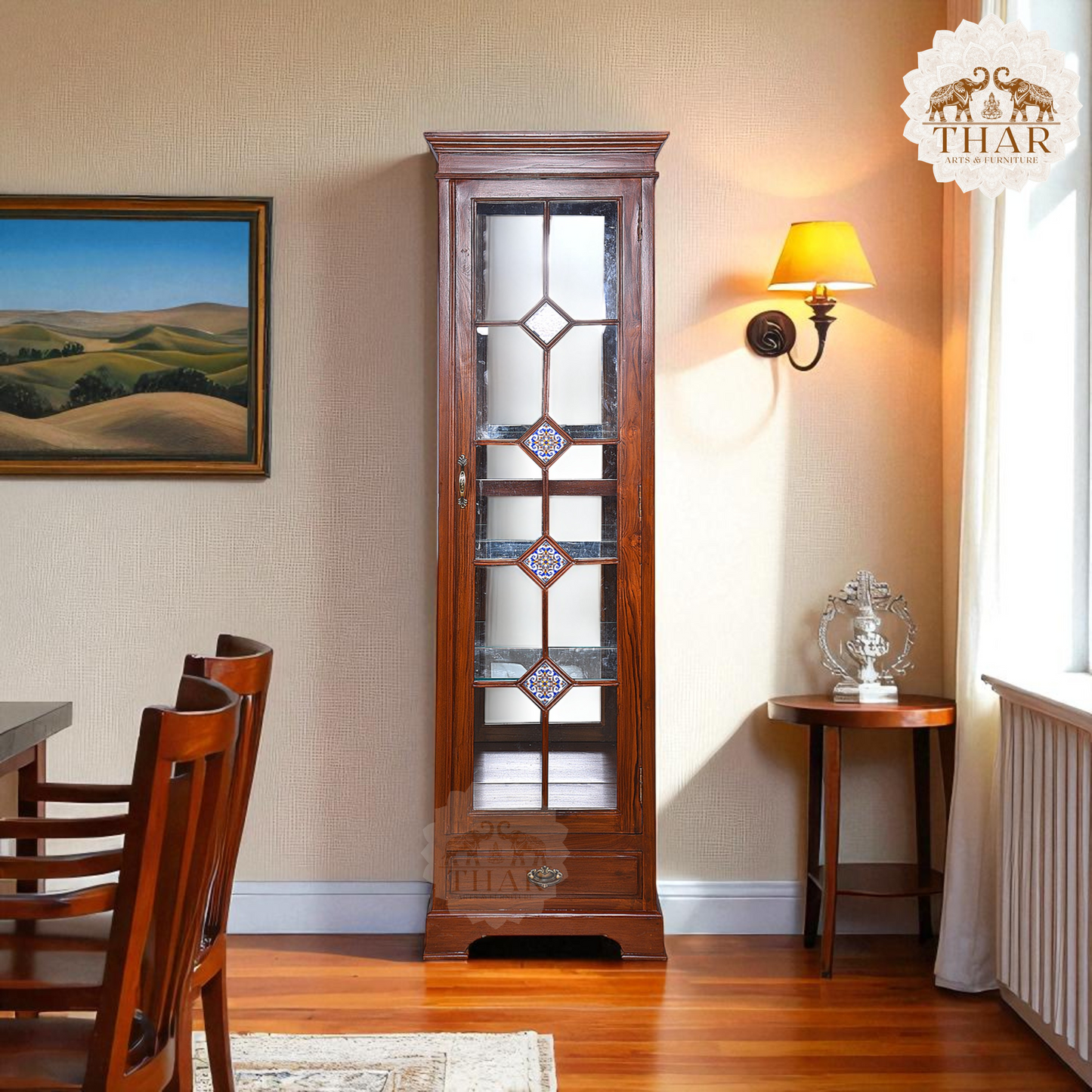 Thar Arts And Furniture - Teak wood Showcase Cabinet with Glass and Antique Finish